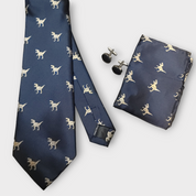 Blue Dinosaur Pattern Silk Tie Pocket Square Cufflinks Set