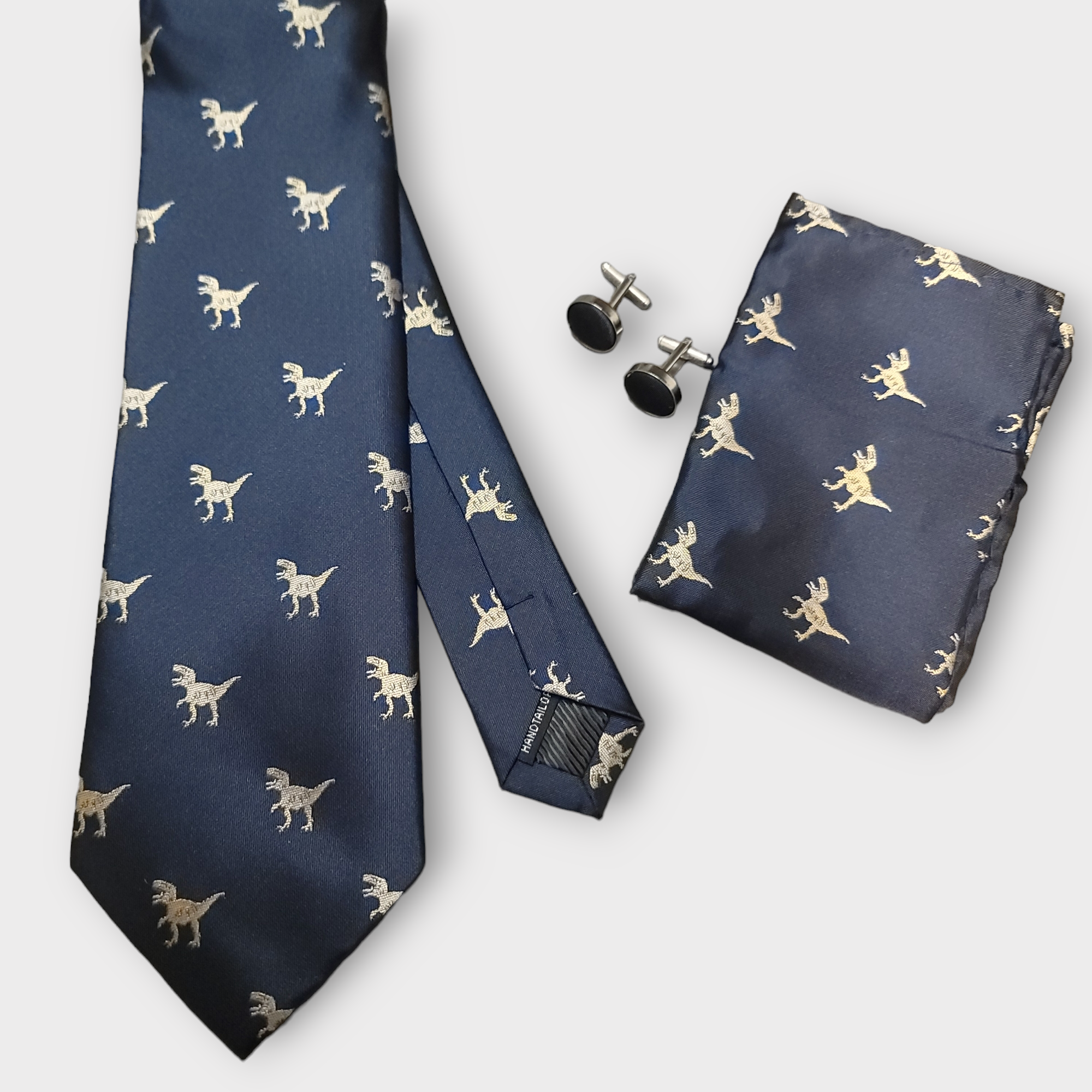 Blue Dinosaur Pattern Silk Tie Pocket Square Cufflinks Set
