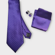 Purple Stripe Silk Tie Pocket Square Cufflink Set