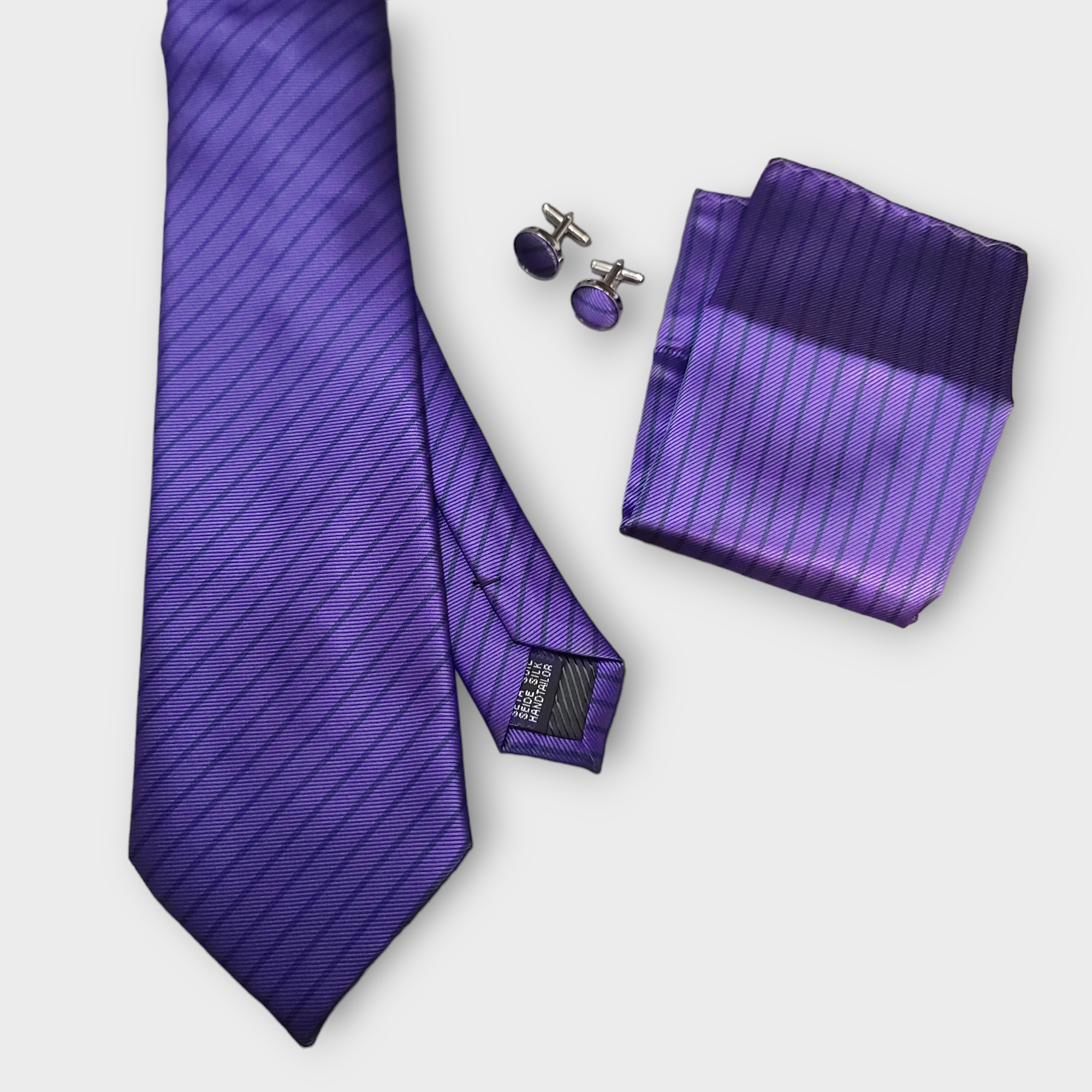 Purple Stripe Silk Tie Pocket Square Cufflink Set