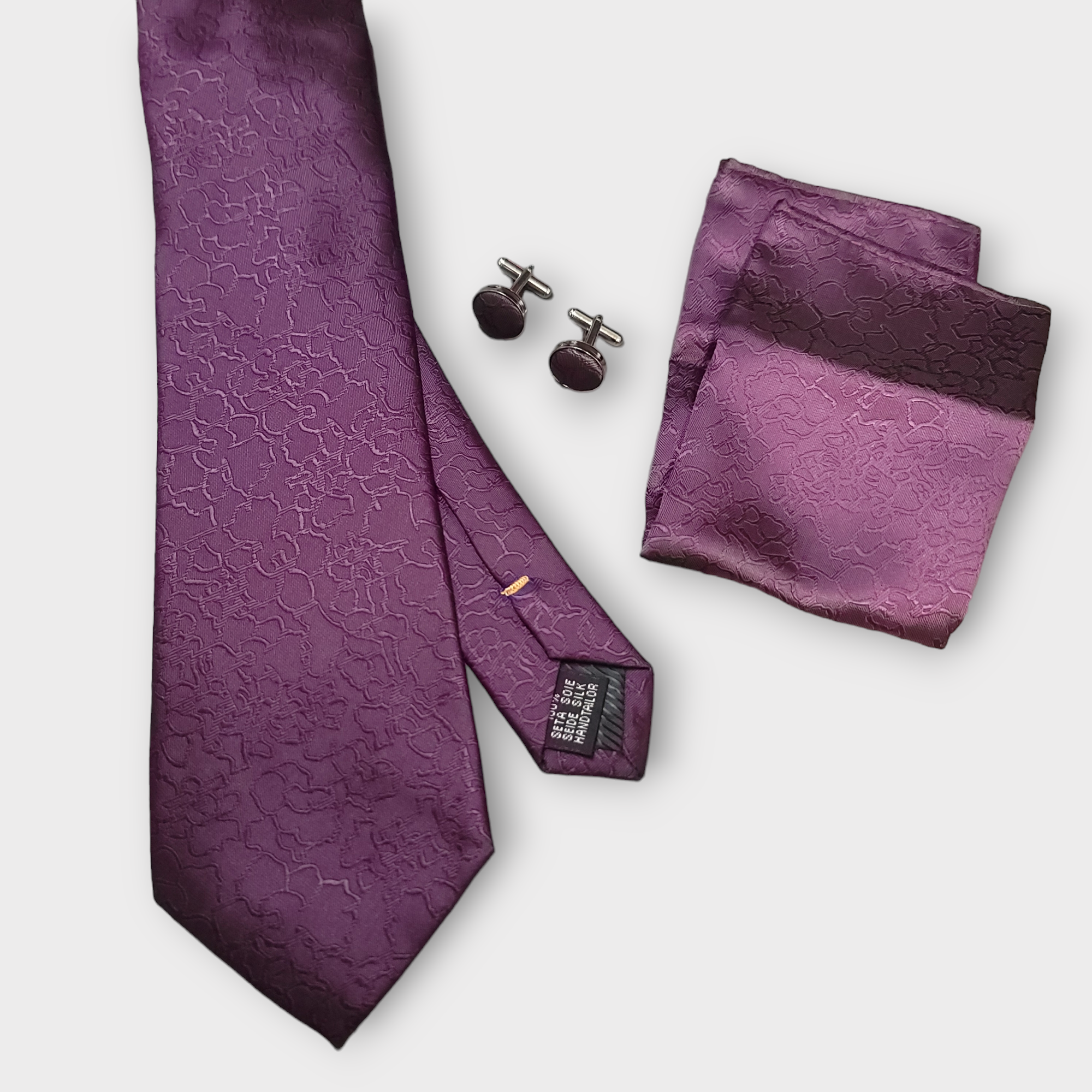 Purple Silk Tie Pocket Square Cufflinks Set