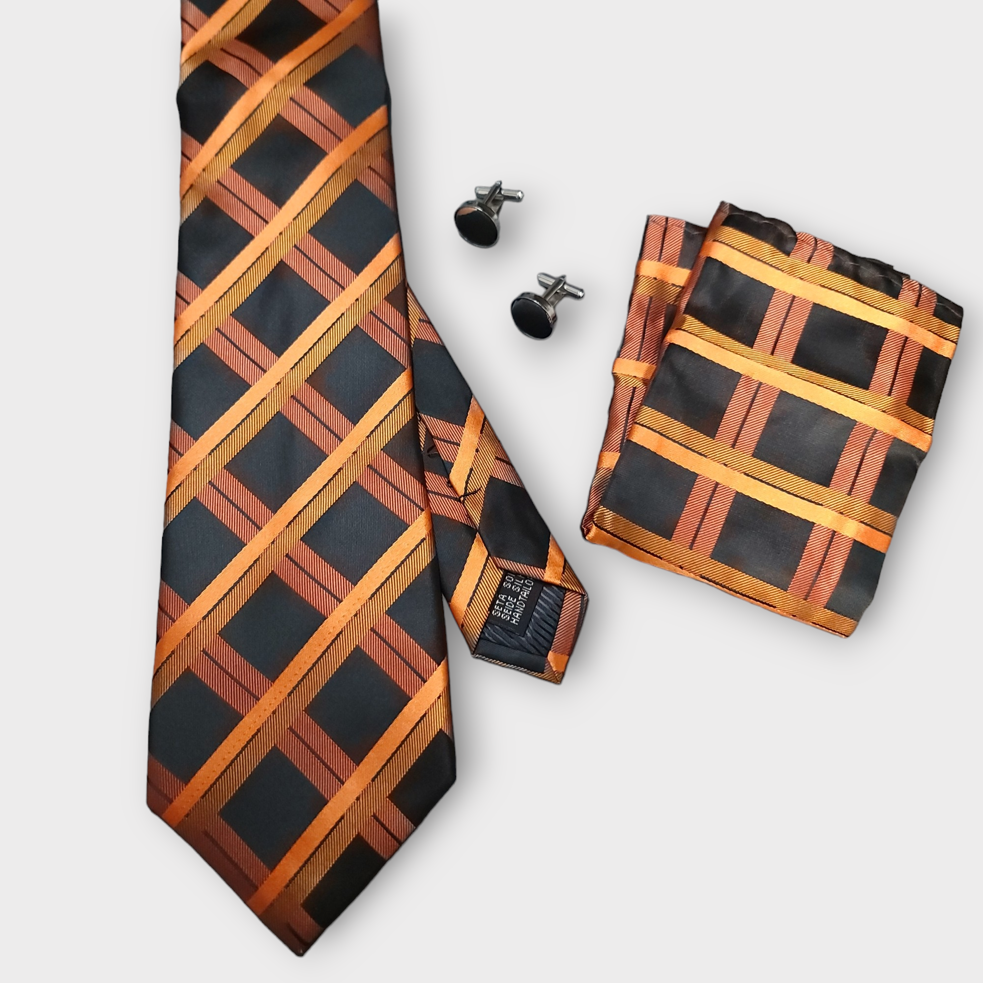 Black Orange Tie Set of Pocket Square & Cufflinks
