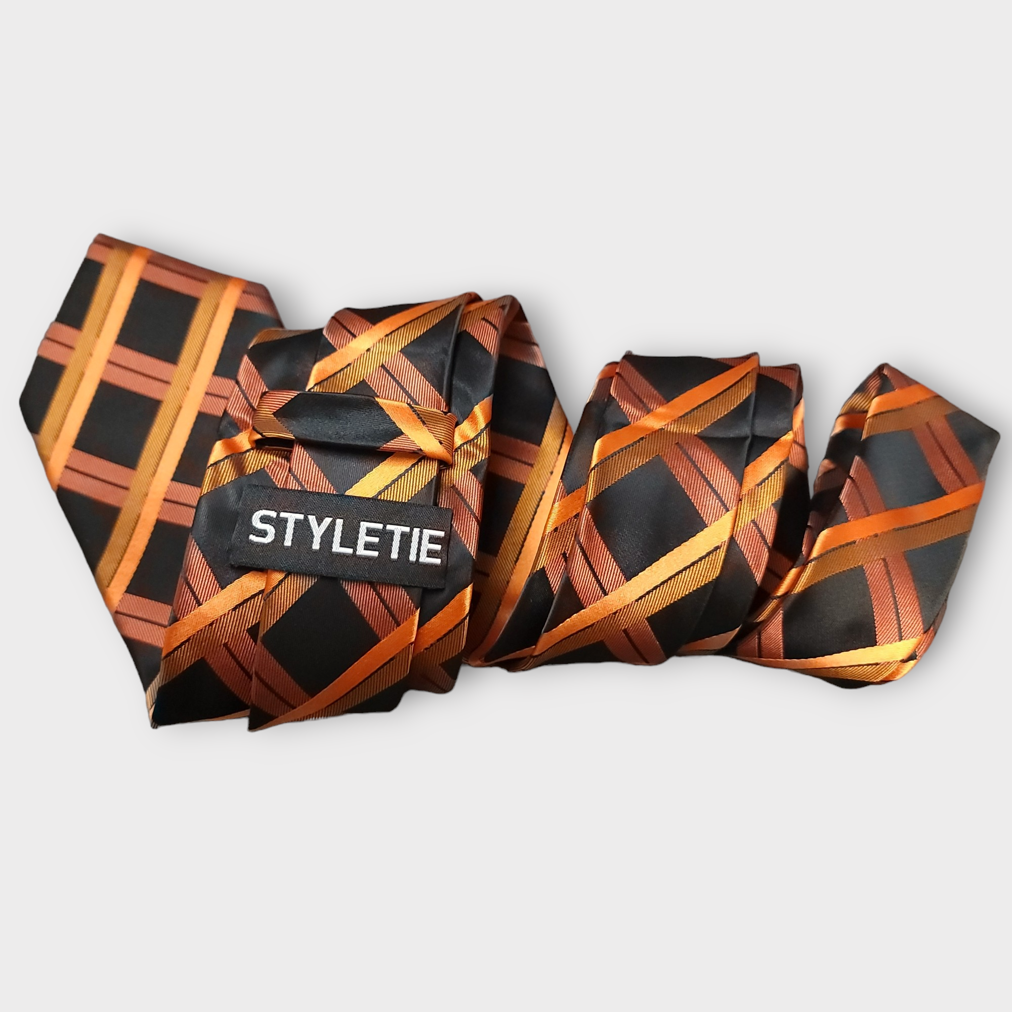 Black Orange Tie Set of Pocket Square & Cufflinks
