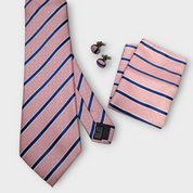 Pink Striped Silk Tie Pocket Square Cufflinks Set