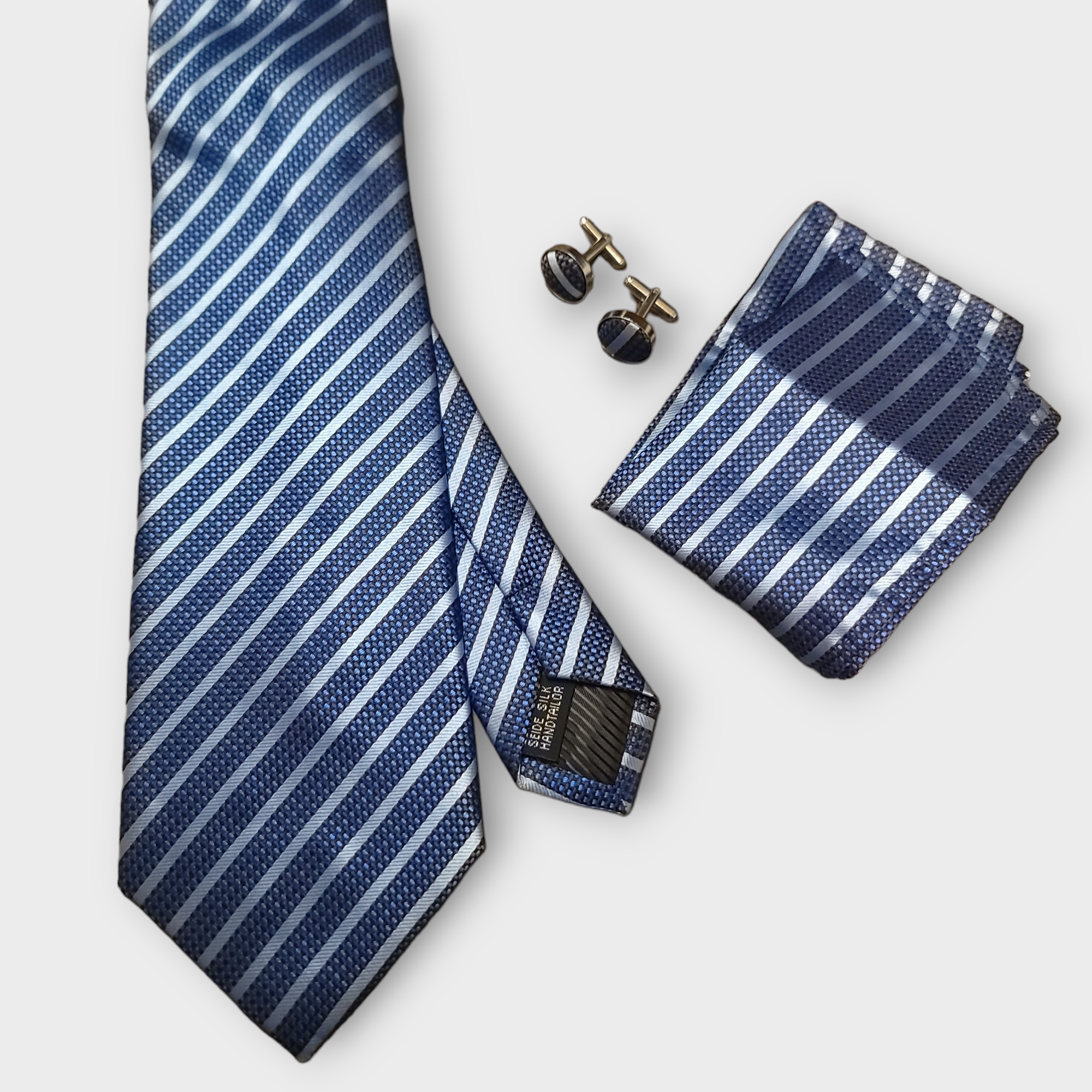 Blue Stripe Silk Tie Pocket Square Cufflink Set