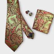 Sage Green Red Floral Silk Tie Pocket Square Cufflink Set