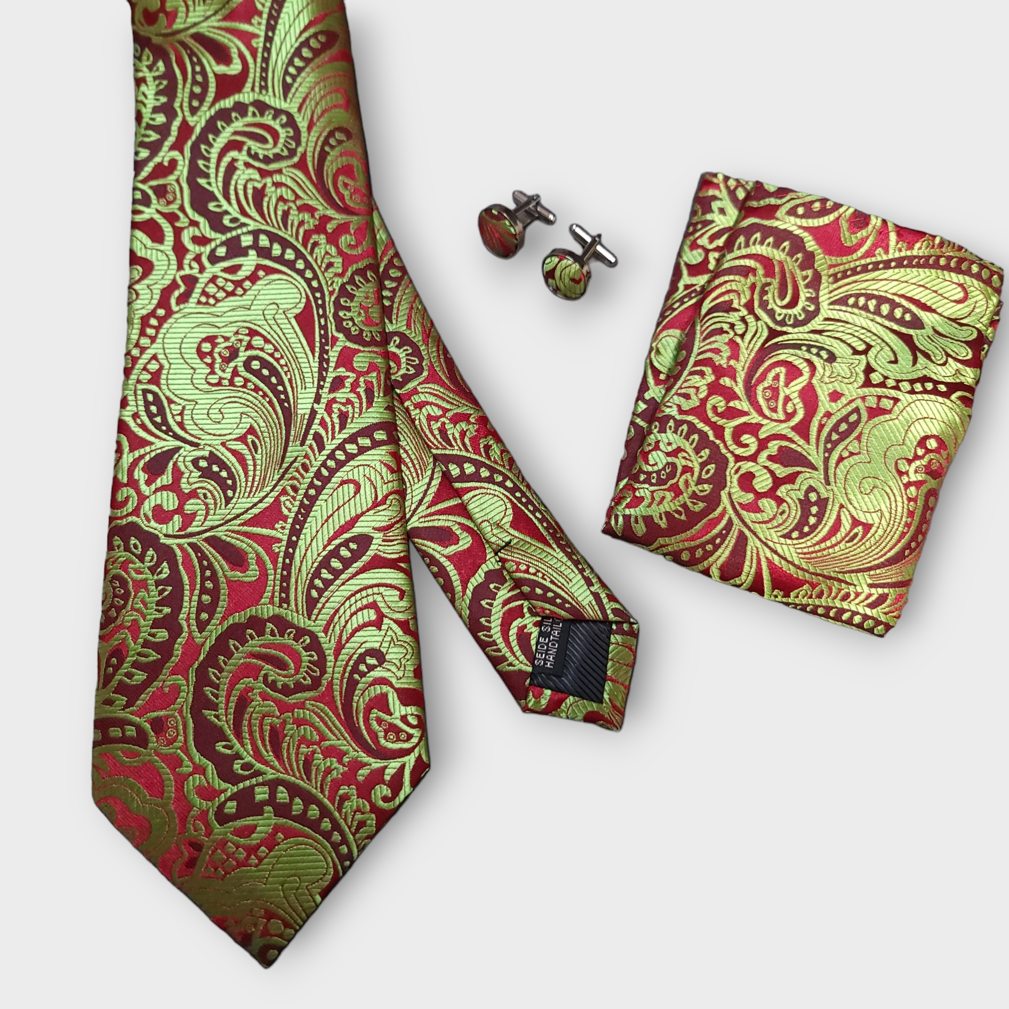 Sage Green Red Floral Silk Tie Pocket Square Cufflink Set