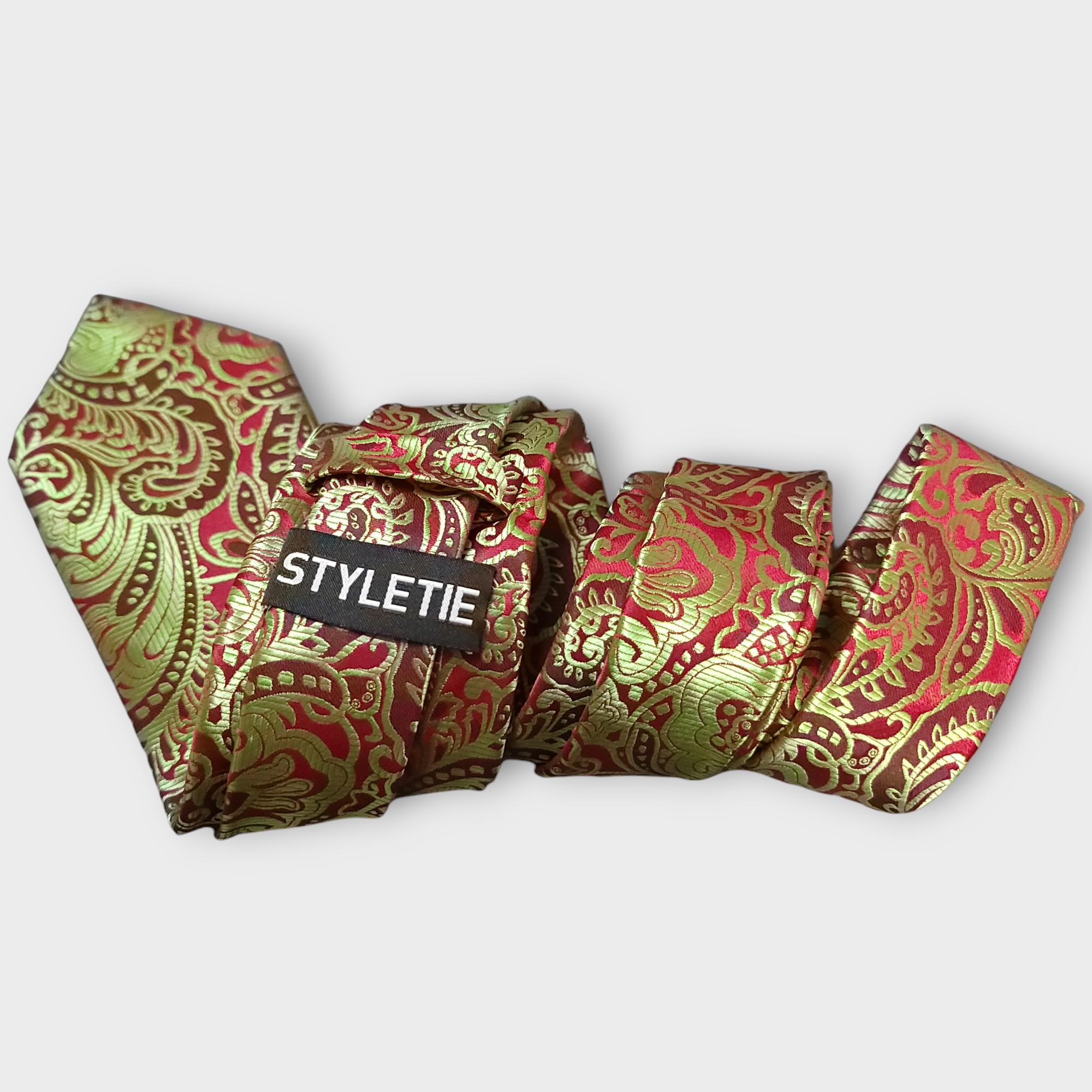 Sage Green Red Floral Silk Tie Pocket Square Cufflink Set