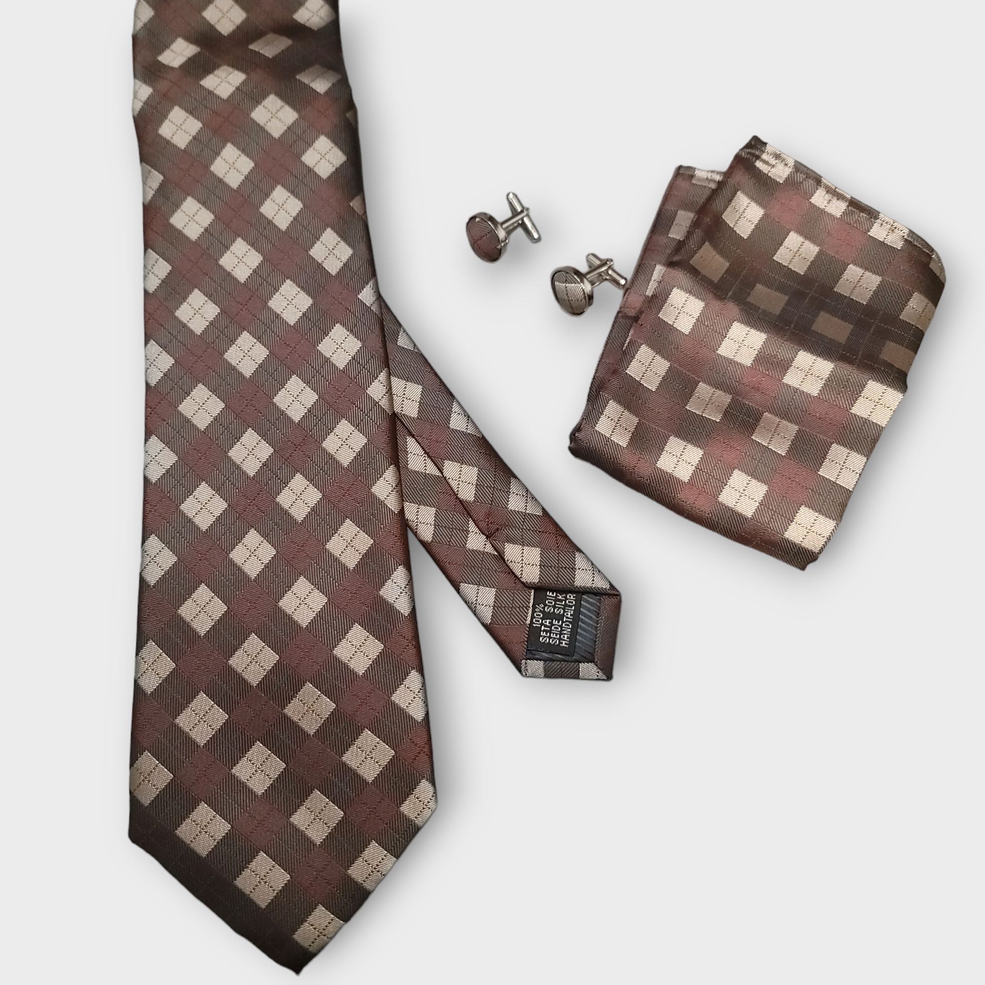Red Brown Plaid Silk Tie Pocket Square Cufflink Set