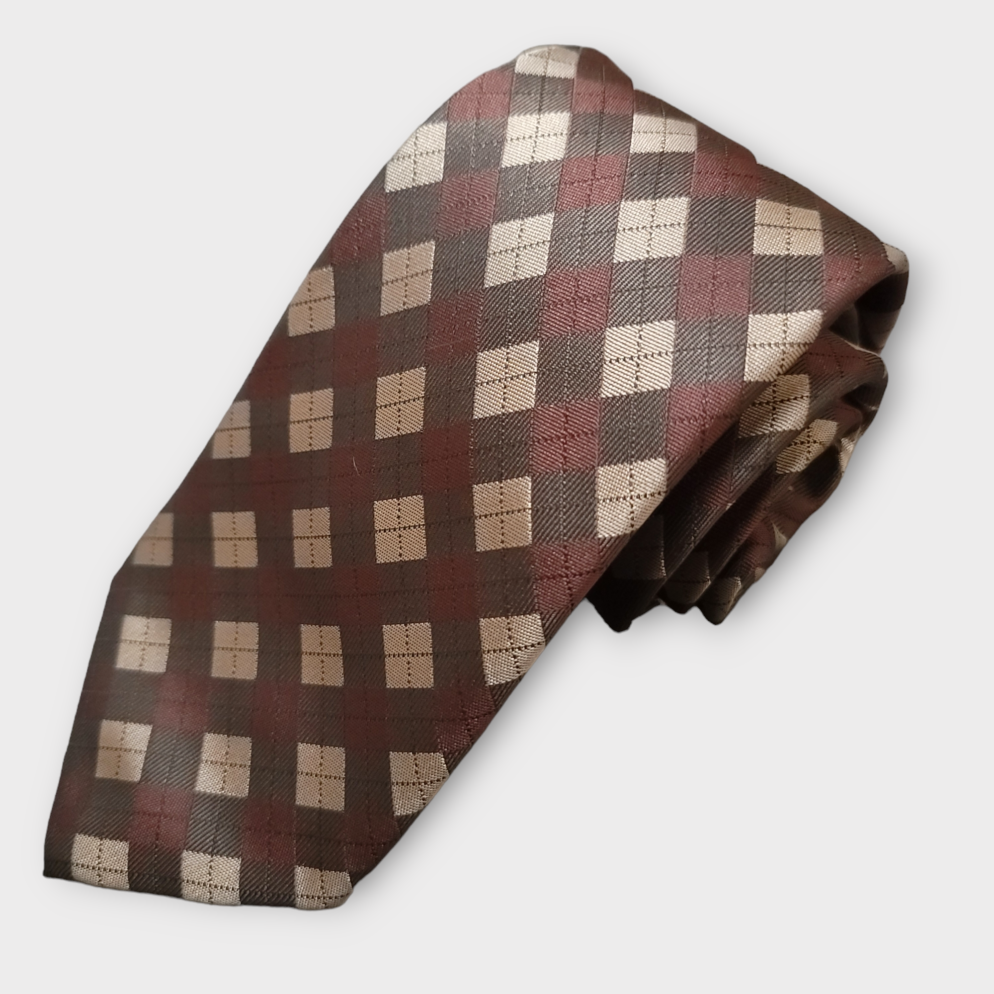 Red Brown Plaid Silk Tie Pocket Square Cufflink Set