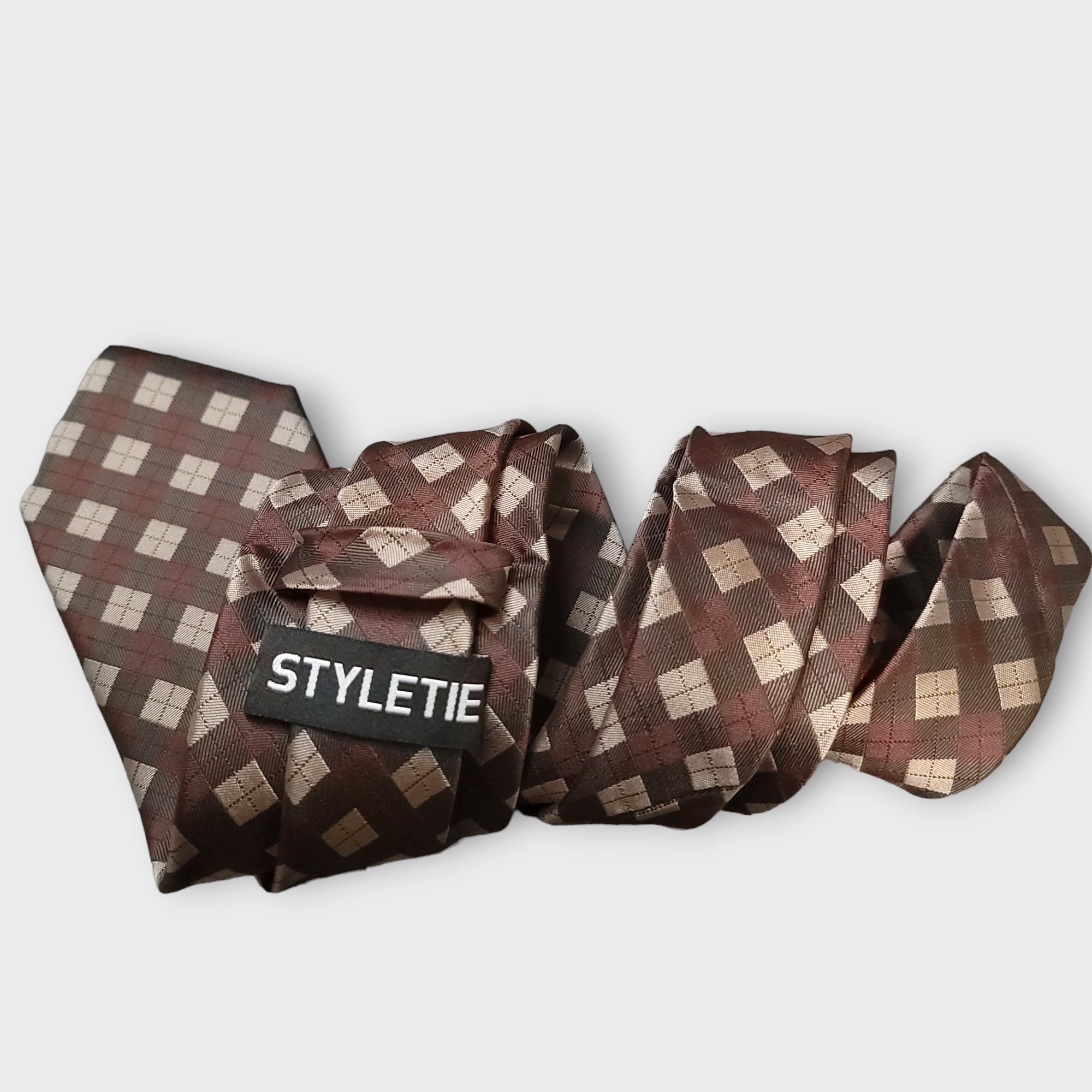 Red Brown Plaid Silk Tie Pocket Square Cufflink Set