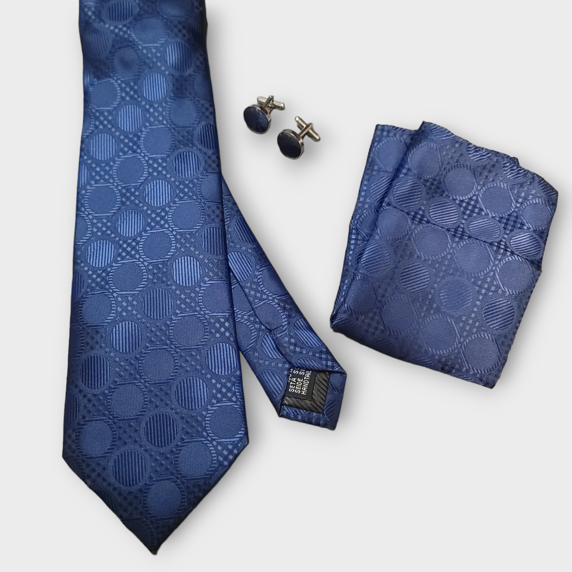 Navy Blue Polka Dot Pattern Silk Tie Pocket Square Cufflink Set
