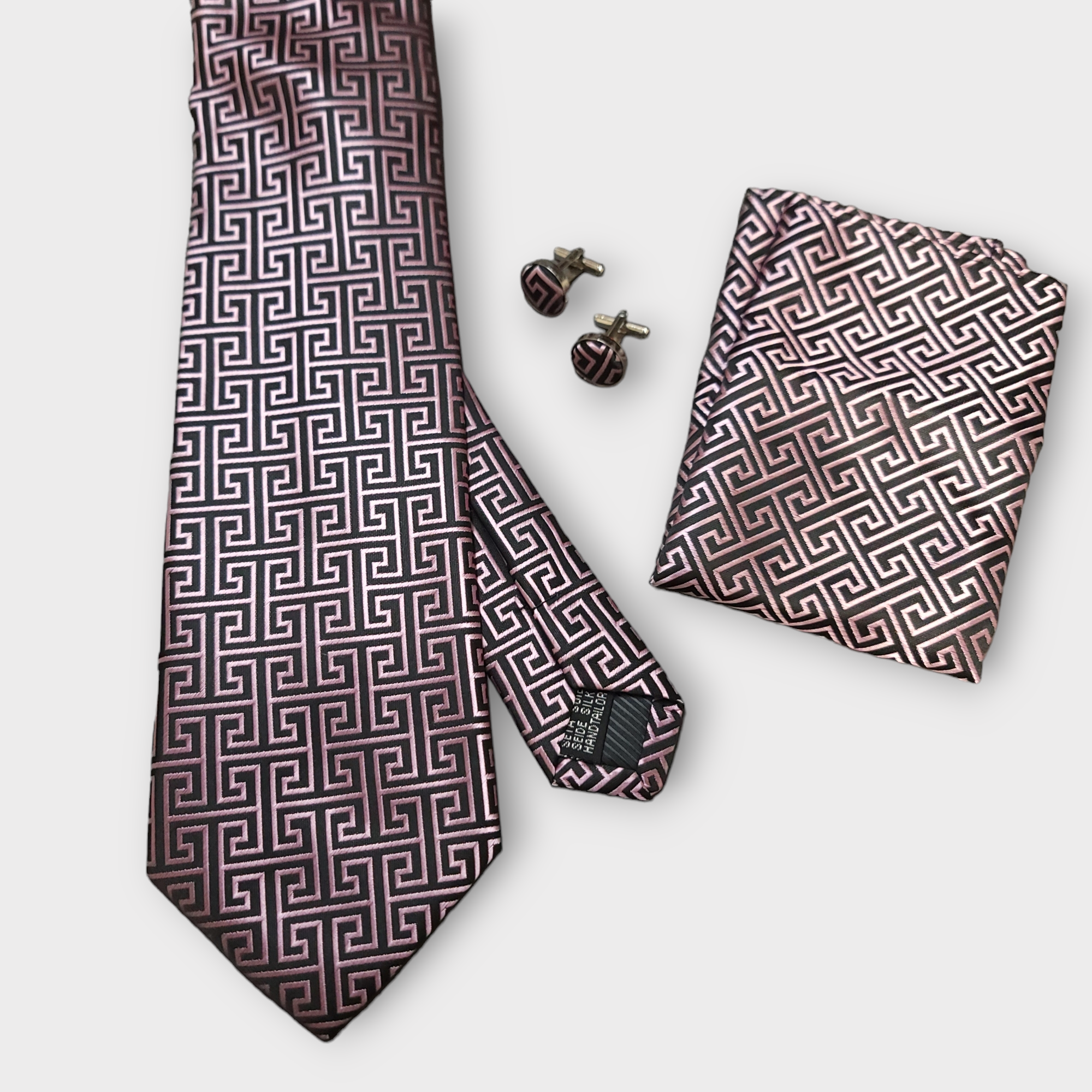 Black Pink Geometric Silk Tie Pocket Square Cufflink Set