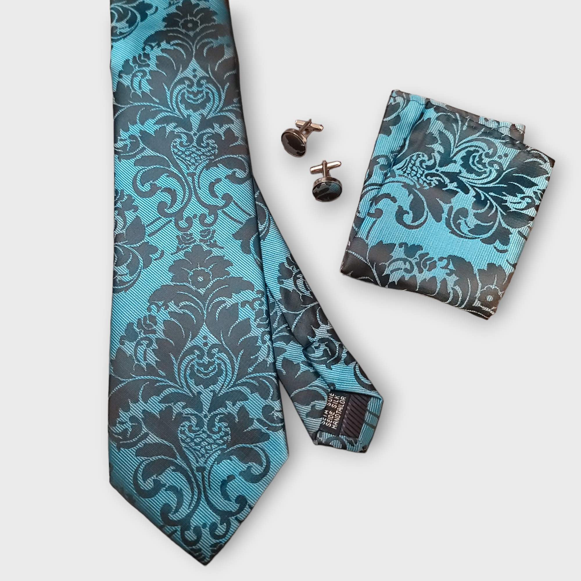 Blue Teal Black Floral Silk Tie Pocket Square Cufflink Set