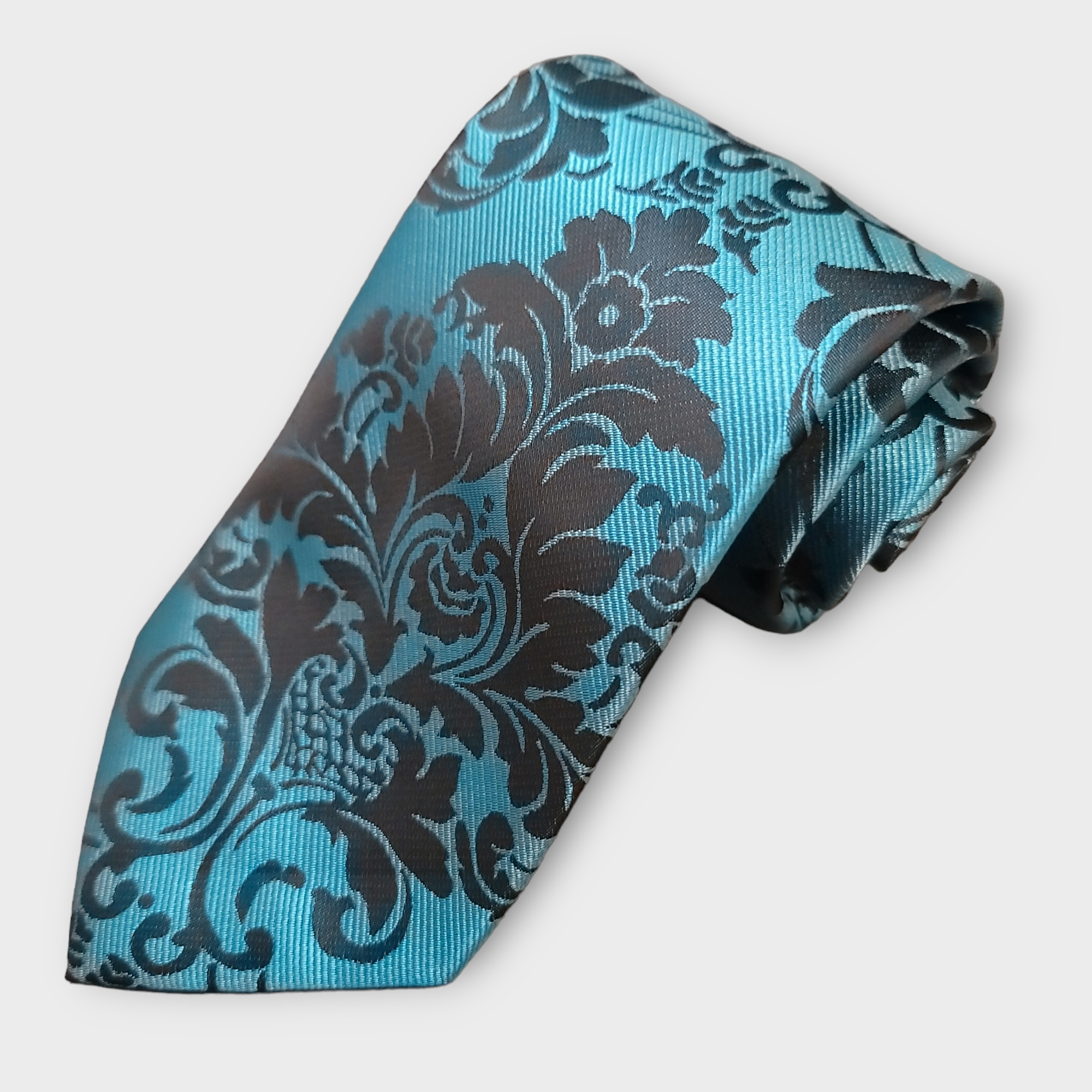Blue Teal Black Floral Silk Tie Pocket Square Cufflink Set