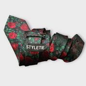 Red Rose Black Green Floral Silk Tie Pocket Square Cufflink Set
