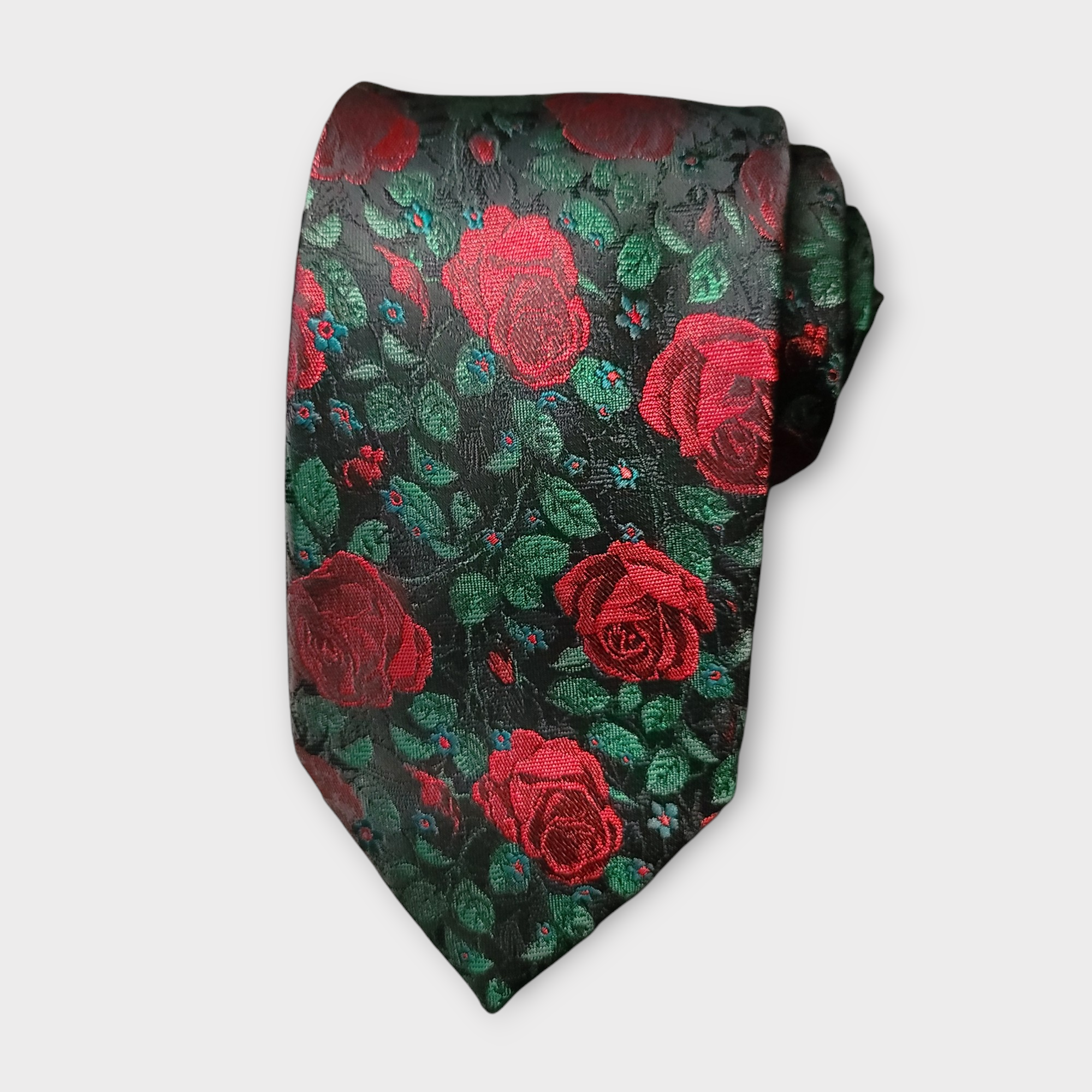 Red Rose Black Green Floral Silk Tie Pocket Square Cufflink Set