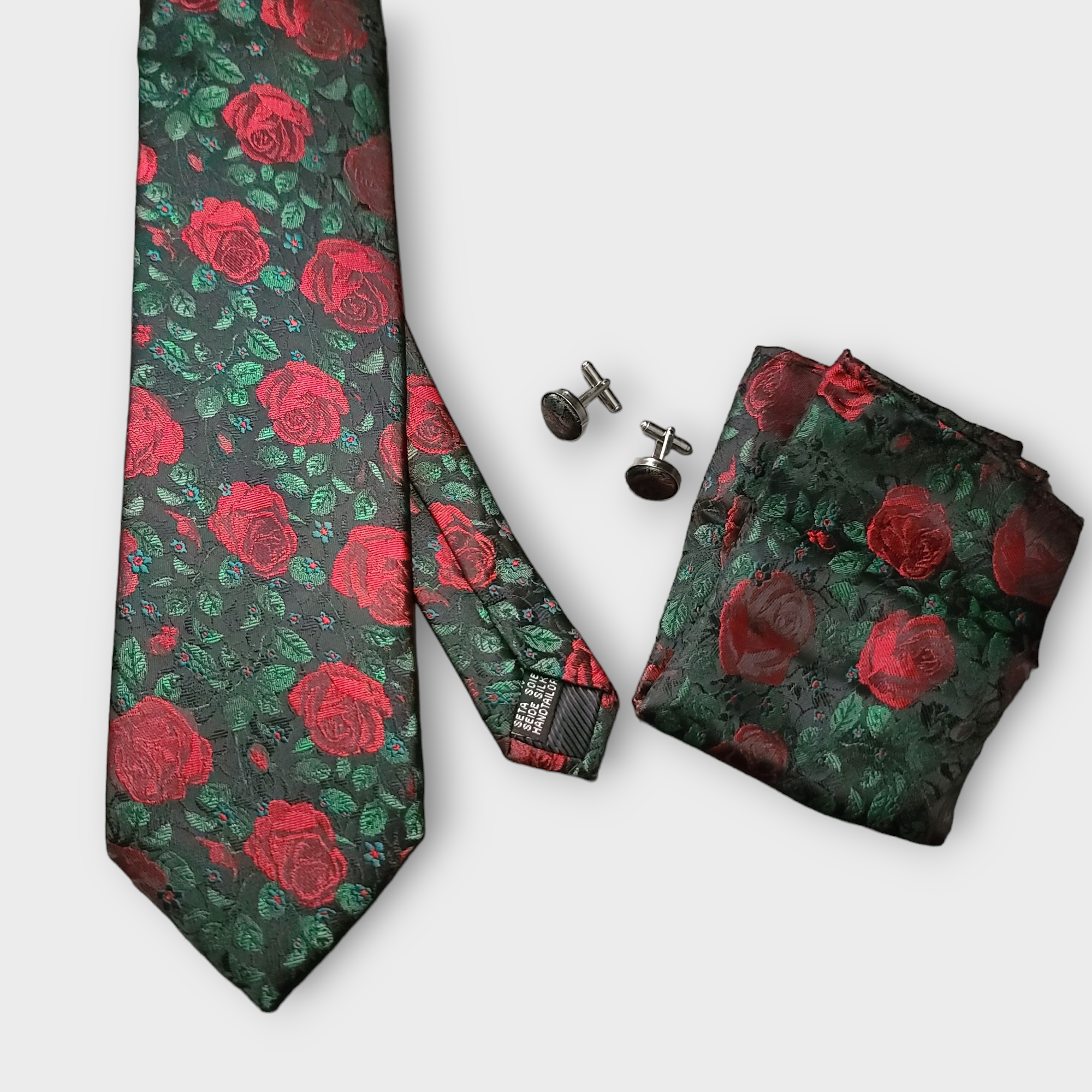 Red Rose Black Green Floral Silk Tie Pocket Square Cufflink Set