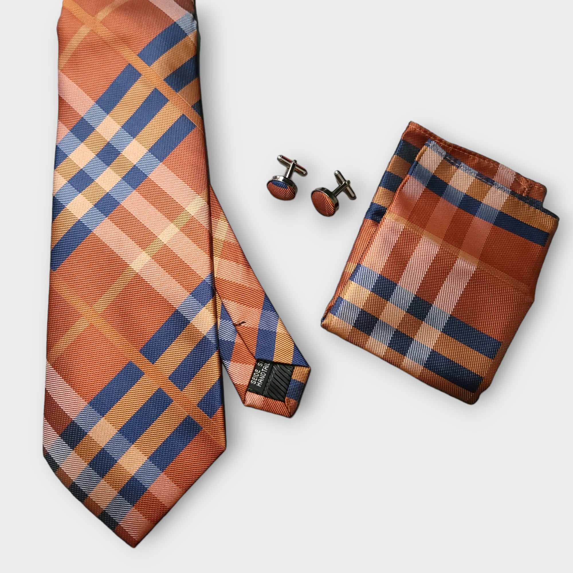 Brown Orange Blue Stripe Silk Tie Pocket Square Cufflink Set