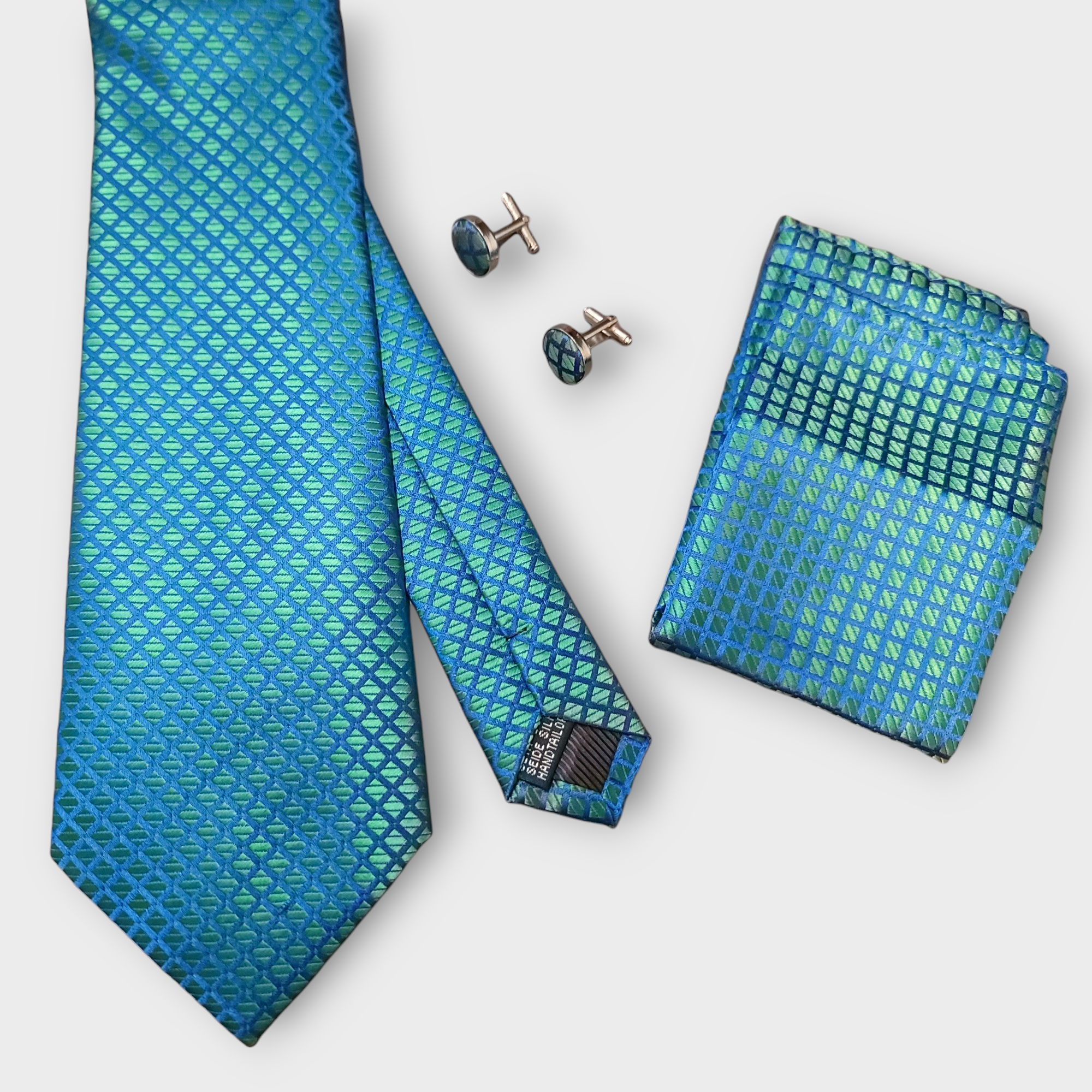 Blue & Emerald Green Silk Tie Pocket Square & Cufflinks Set