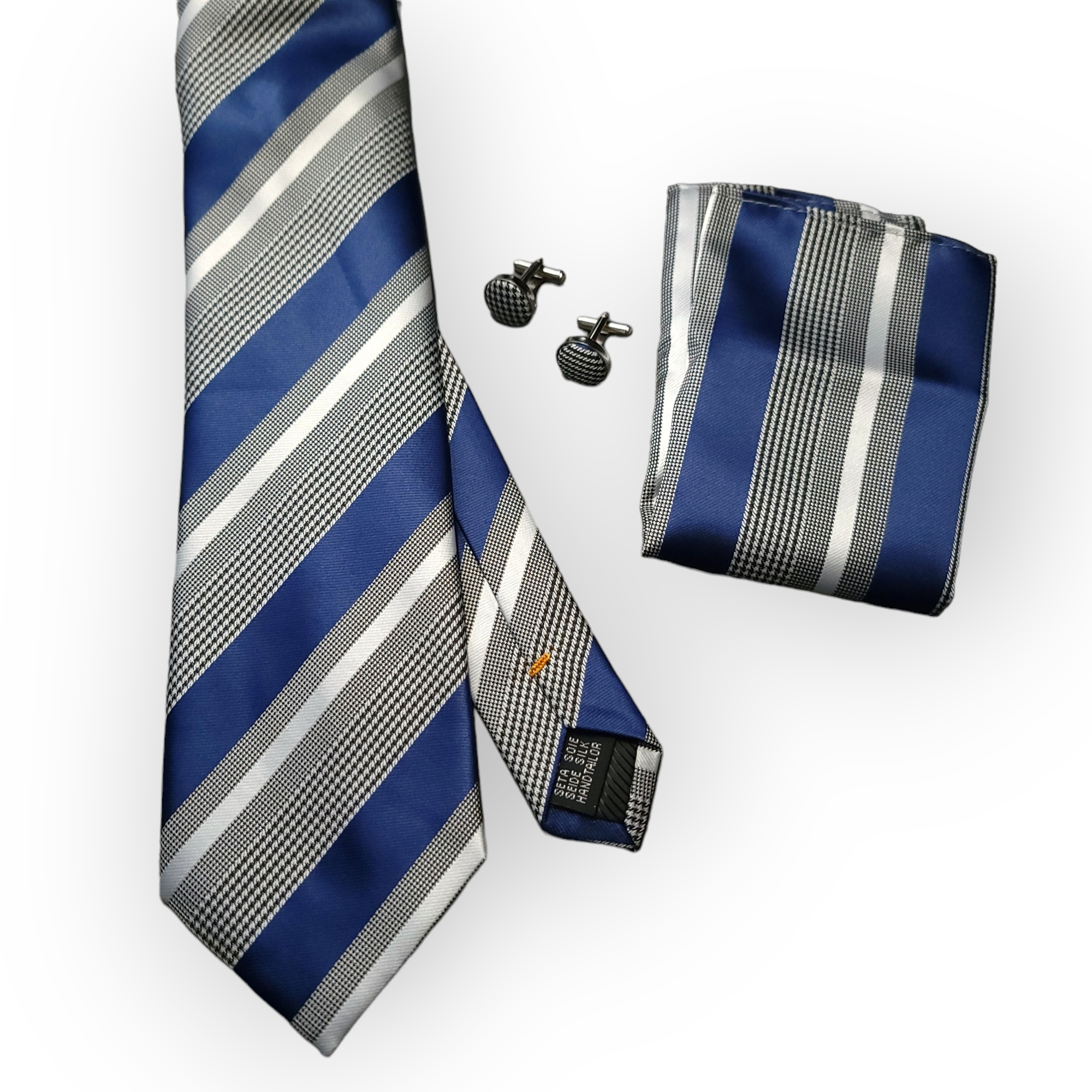 Blue Striped Silk Tie Pocket Square Cufflink Set