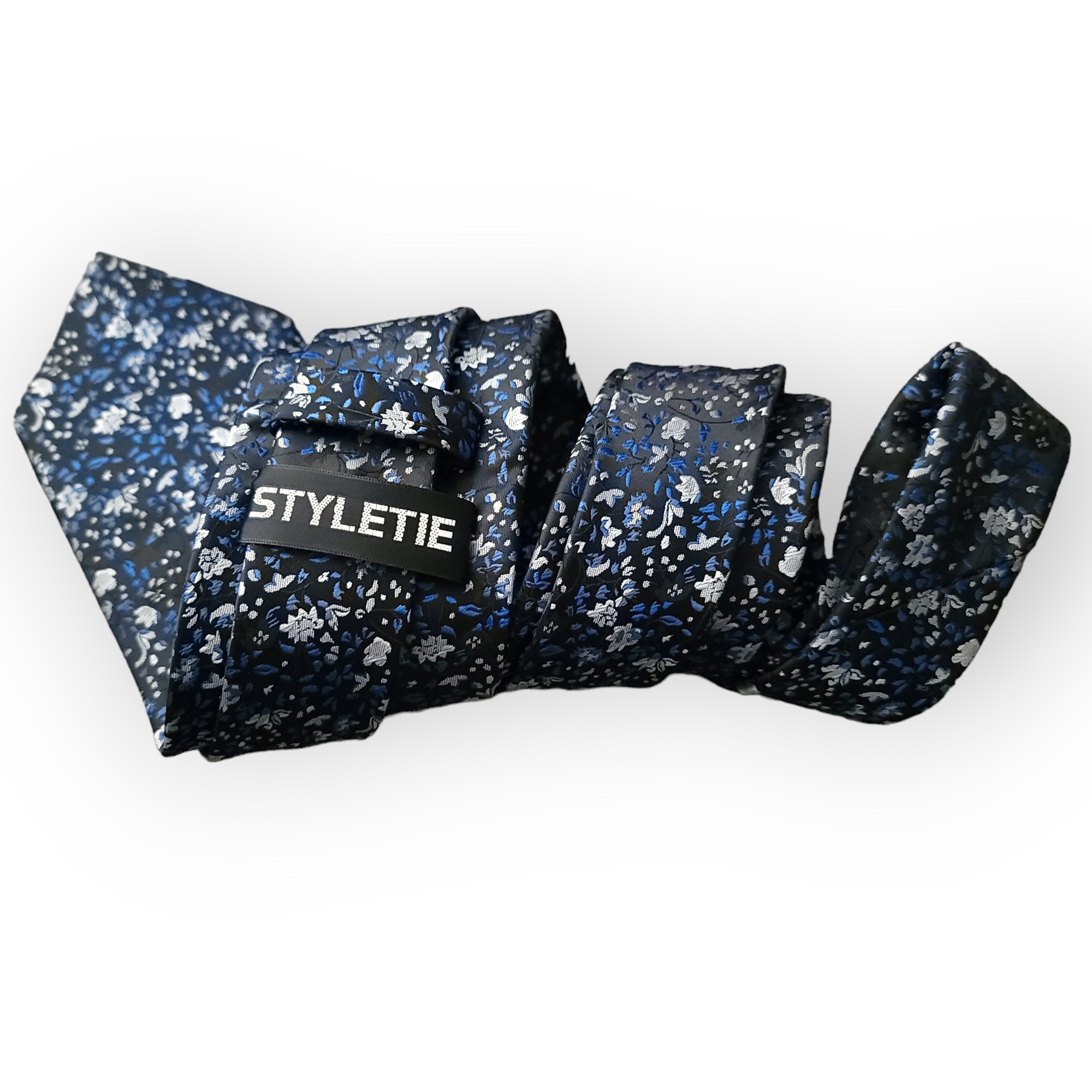 Blue Floral Silk Tie Pocket Square Cufflinks Set