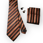 Black Orange Striped Silk Tie Pocket Square Cufflink Set
