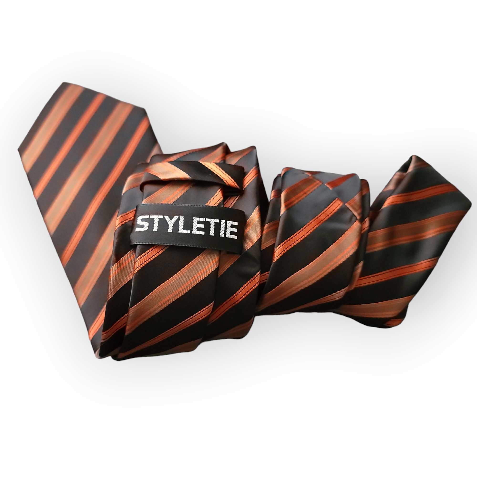 Black Orange Striped Silk Tie Pocket Square Cufflink Set