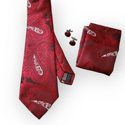 Cherry Red Paisley Silk Tie Pocket Square Cufflink Set