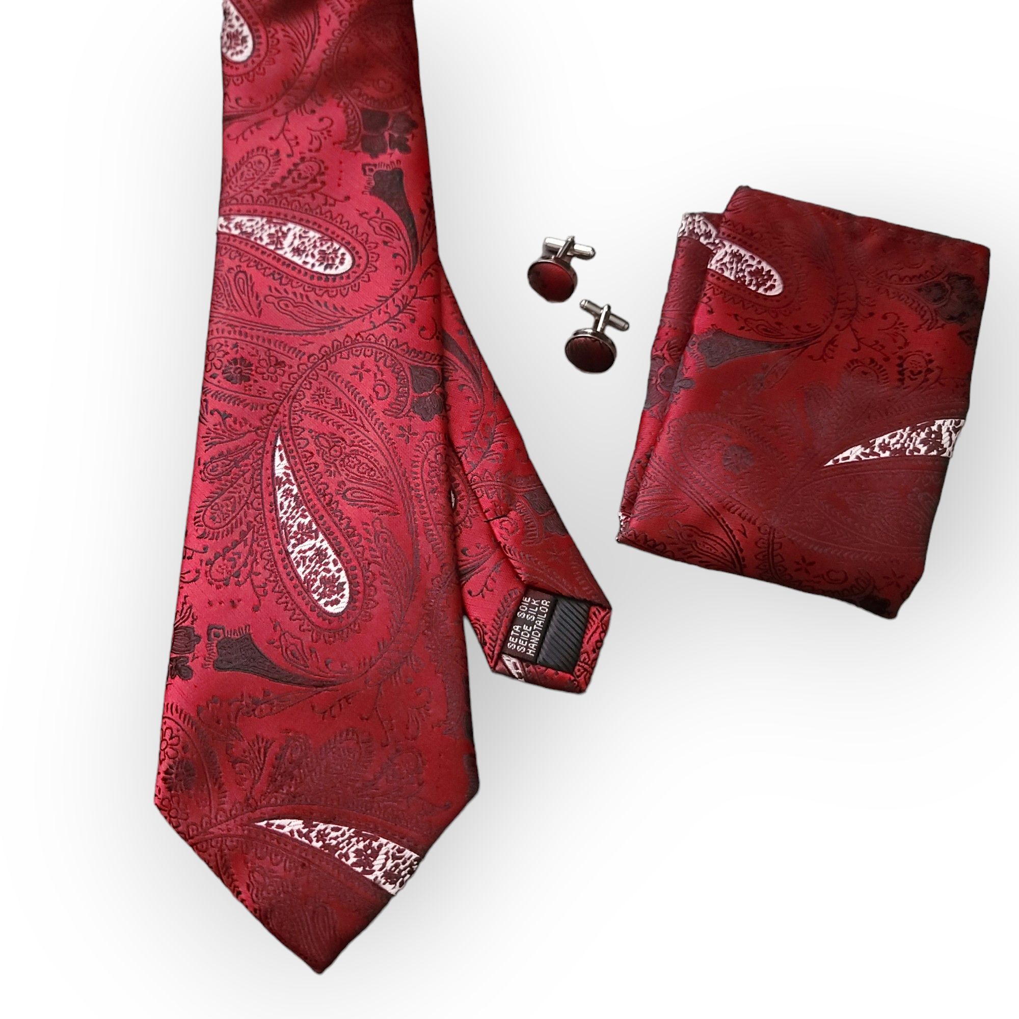 Cherry Red Paisley Silk Tie Pocket Square Cufflink Set