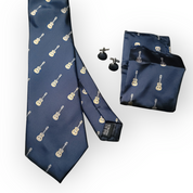 Guitar Navy Silk Tie Pocket Square & Cufflinks