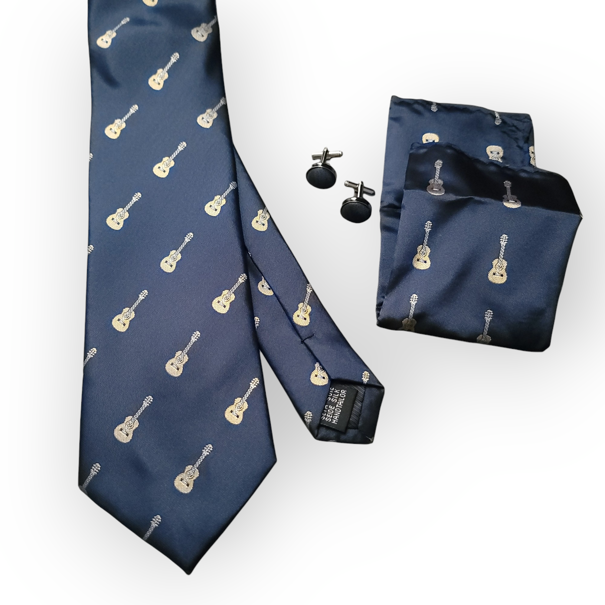 Guitar Navy Silk Tie Pocket Square & Cufflinks