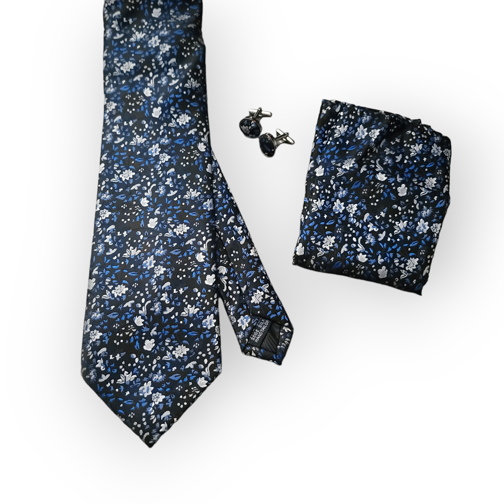 Blue Floral Silk Tie Pocket Square Cufflinks Set