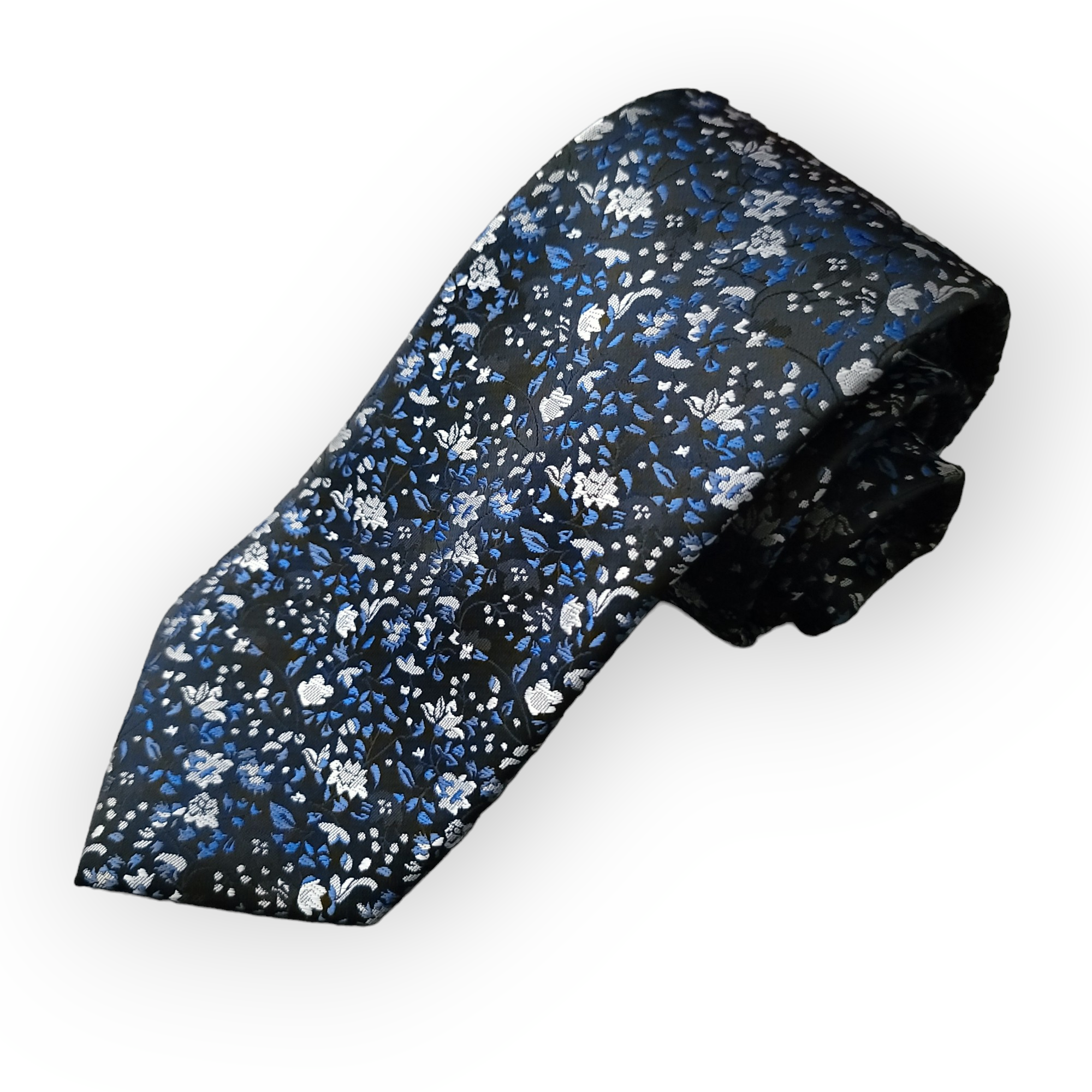 Blue Floral Silk Tie Pocket Square Cufflinks Set