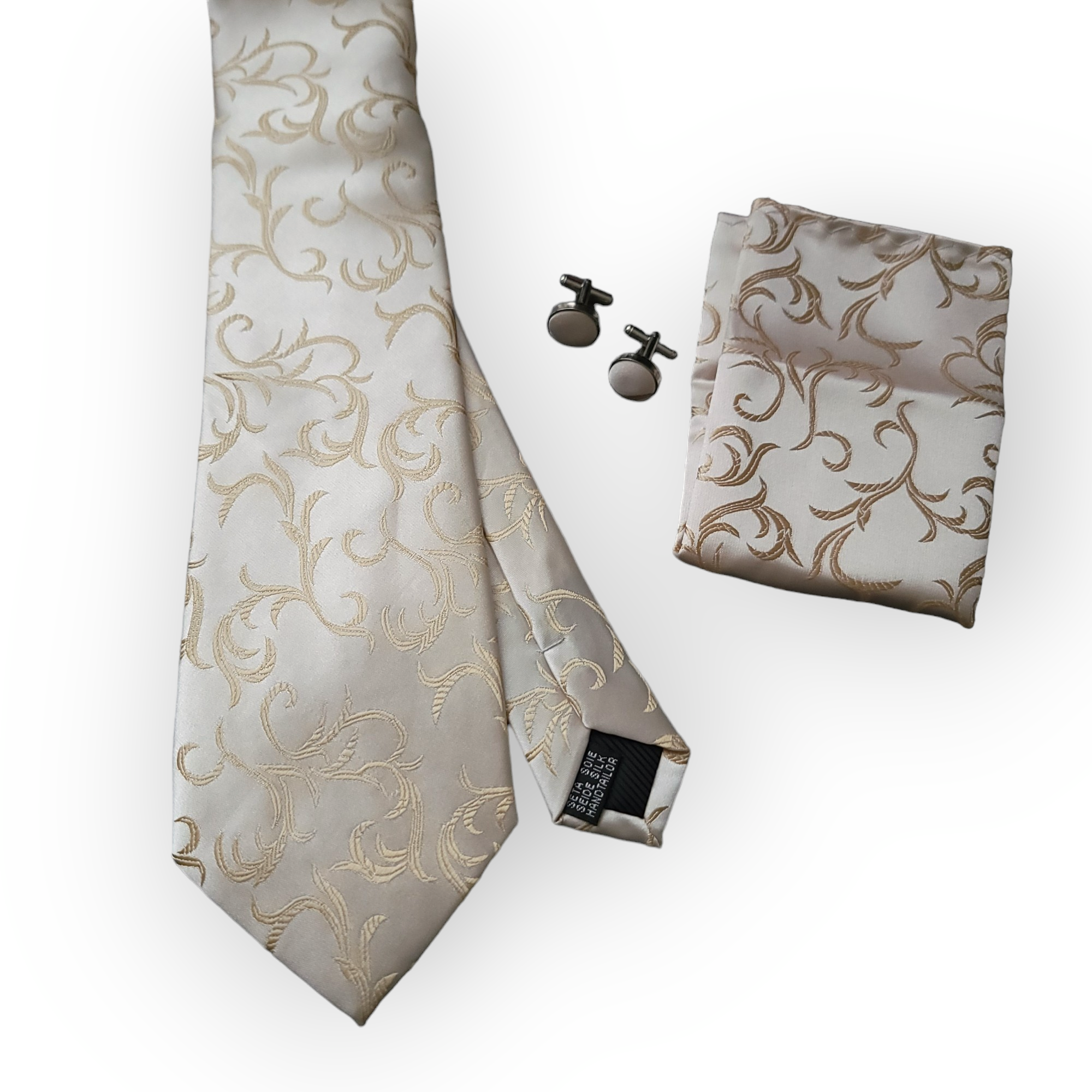 Khaki Floral Silk Tie Pocket Square Cufflinks Set