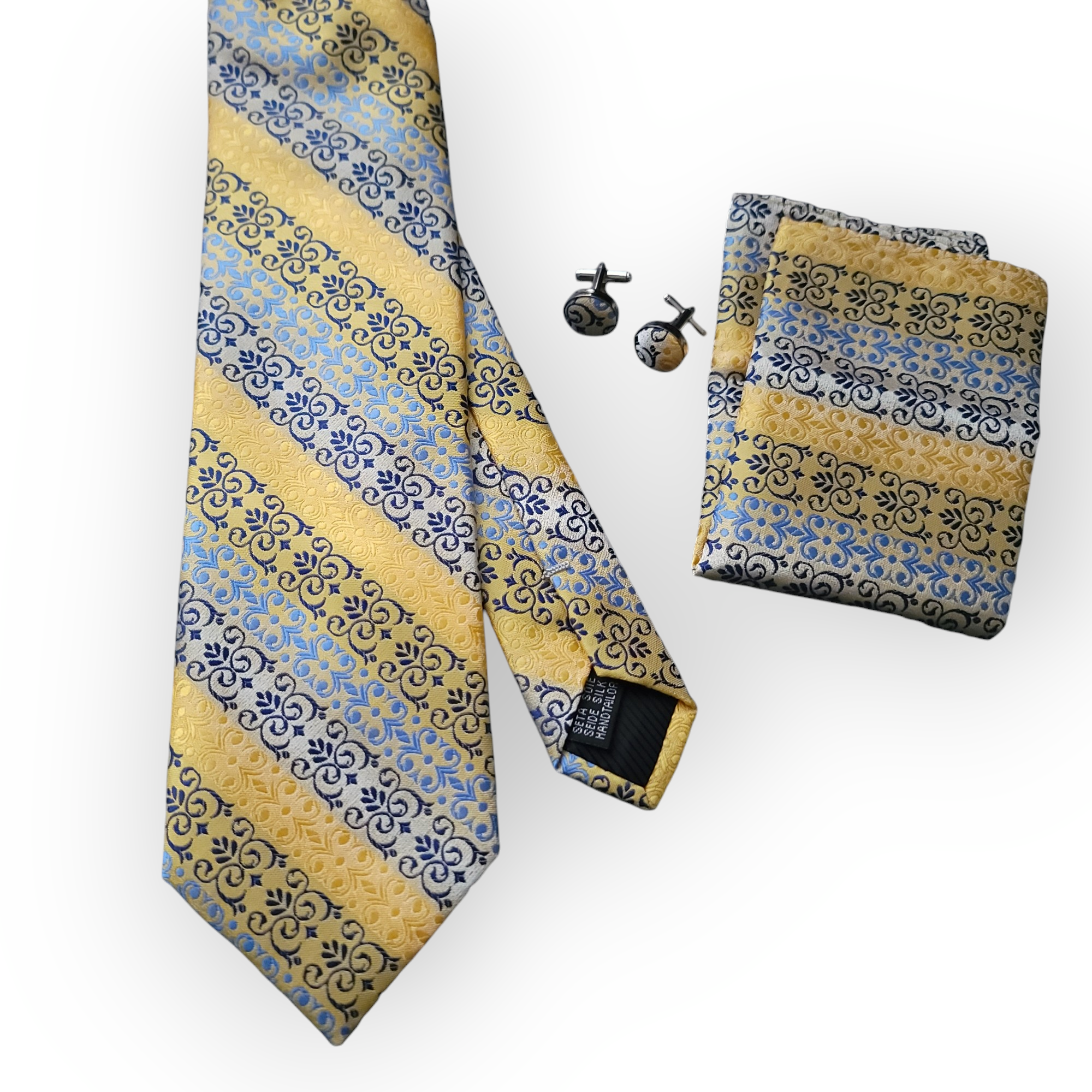 Yellow Blue Striped Silk Tie Pocket Square Cufflinks Set