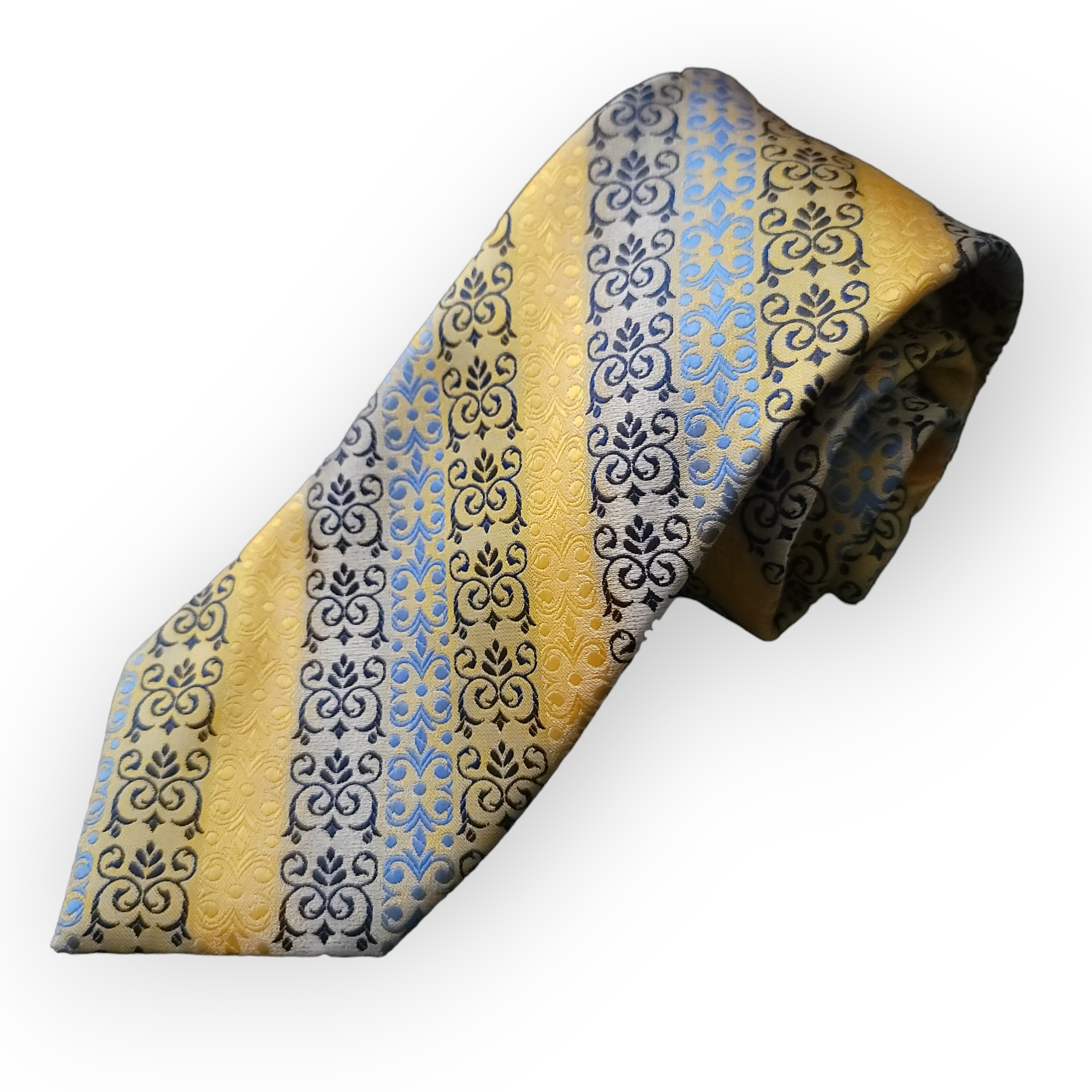 Yellow Blue Striped Silk Tie Pocket Square Cufflinks Set