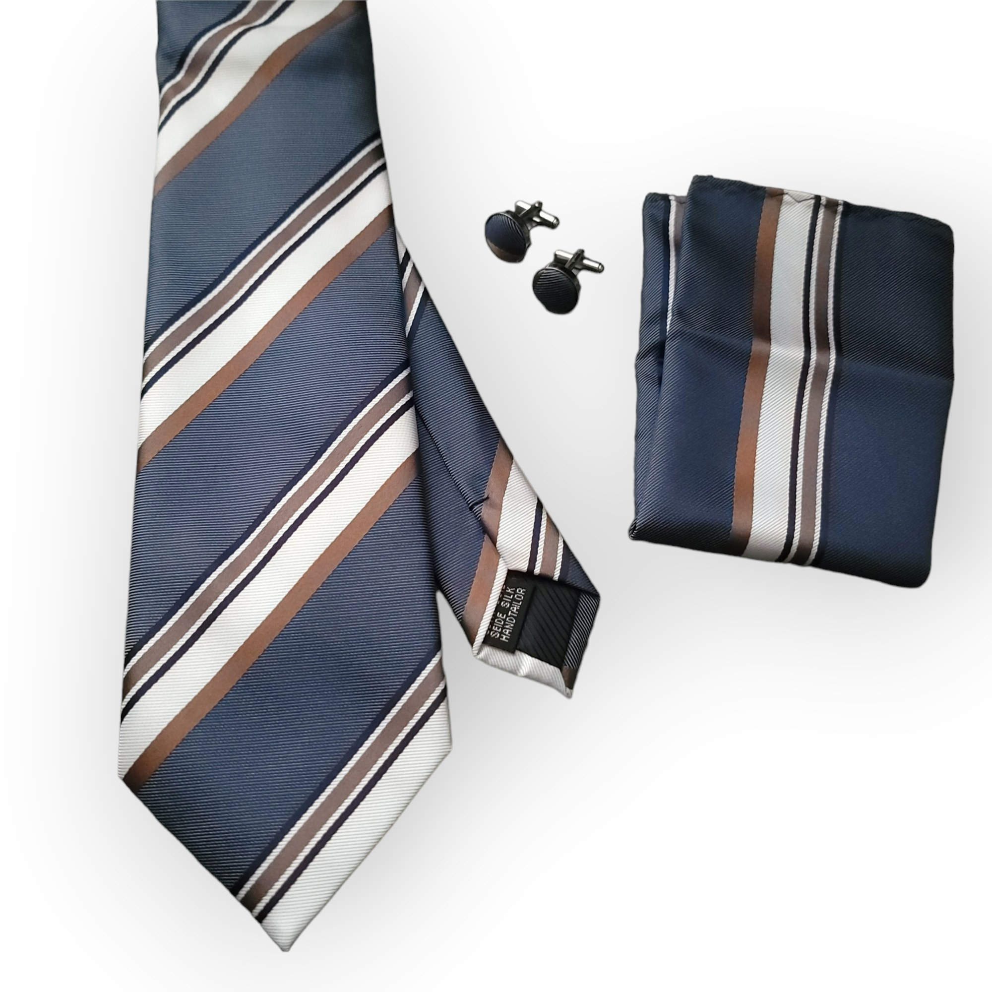 Gray White Gold Stripe Silk Tie Pocket Square Cufflink Set