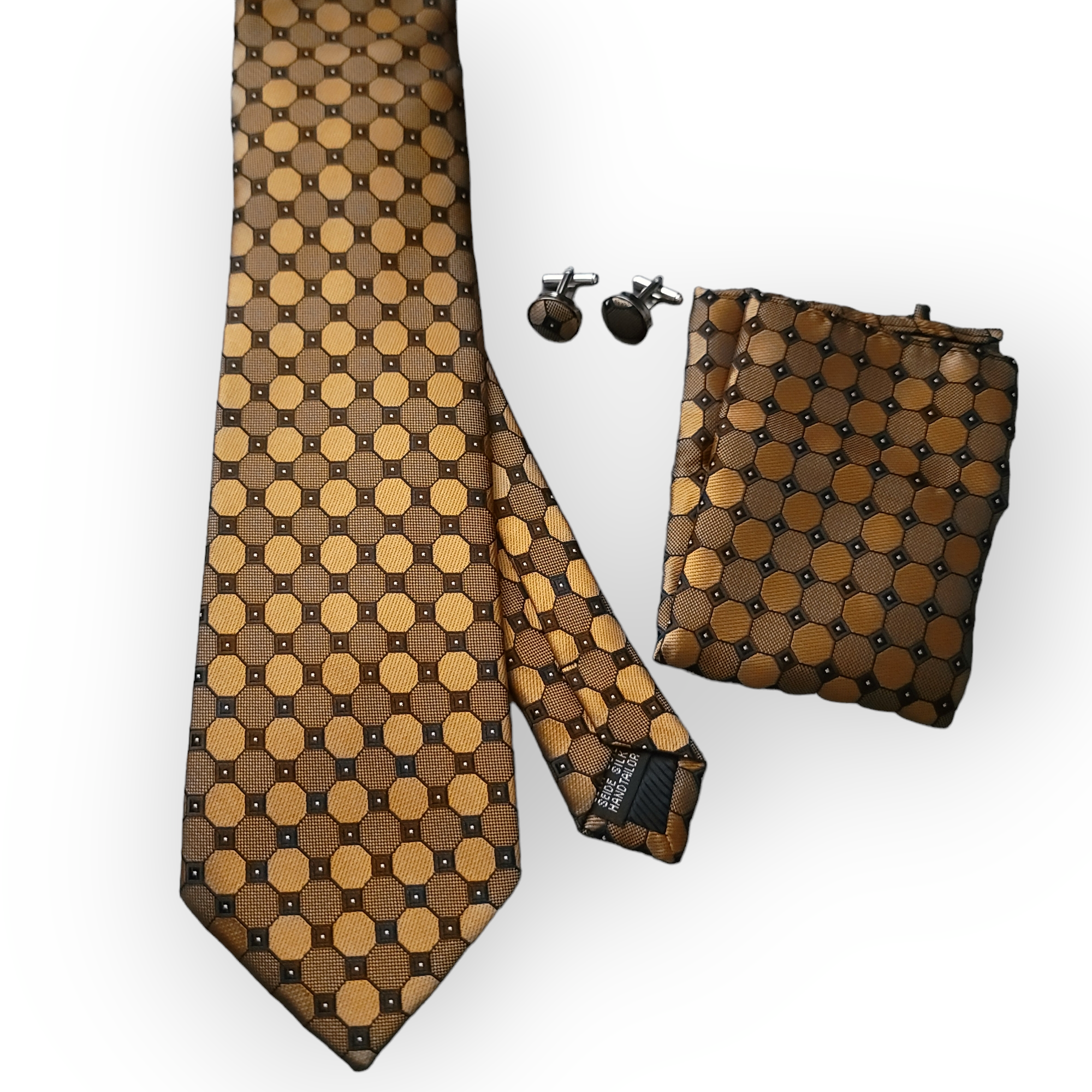 Black Gold Orange Polka Dot Silk Tie Pocket Square Cufflink Set