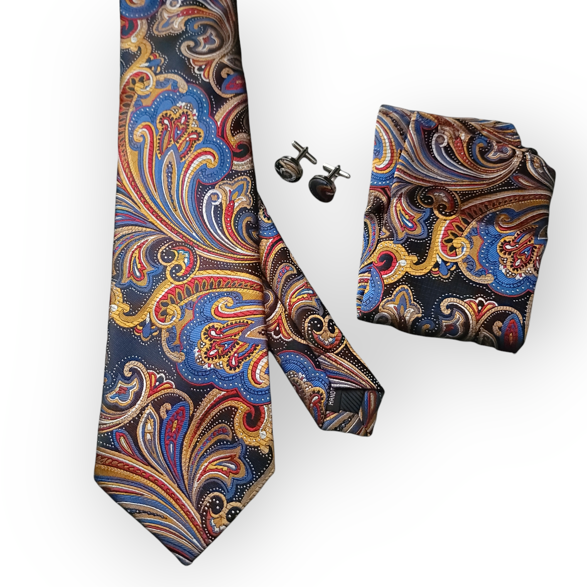 Gold Navy Blue Silk Tie Pocket Square Set