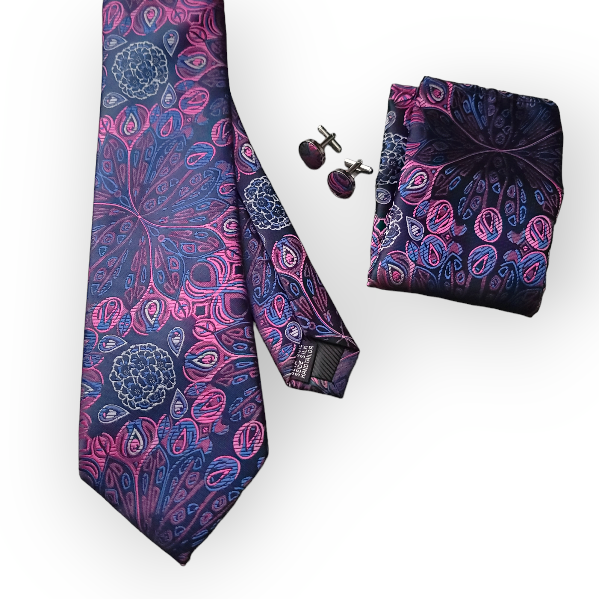Floral Purple Silk Tie Pocket Square Cufflinks Set
