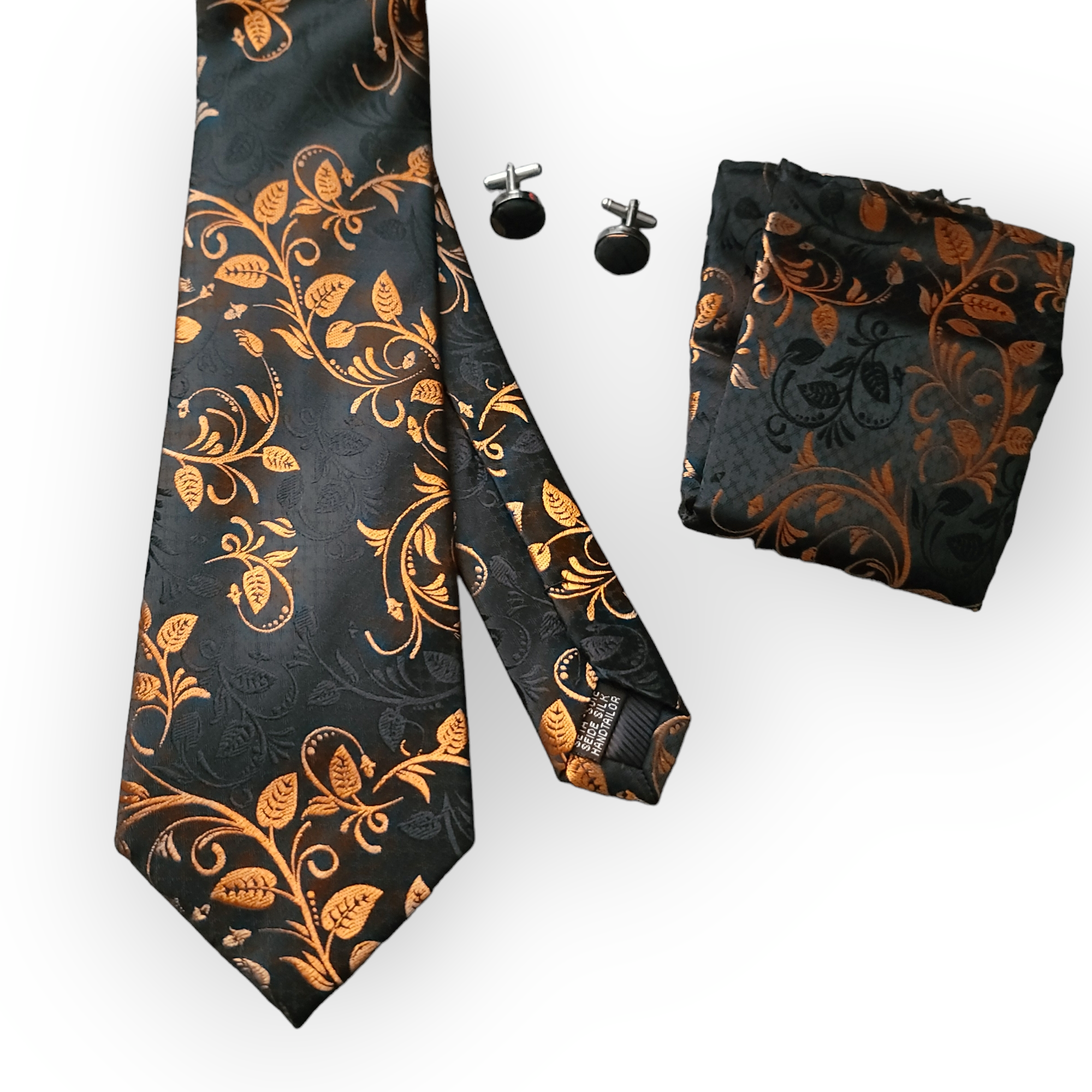 Black Orange Floral Silk Tie Pocket Square Cufflink Set