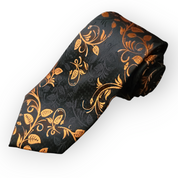 Black Orange Floral Silk Tie Pocket Square Cufflink Set