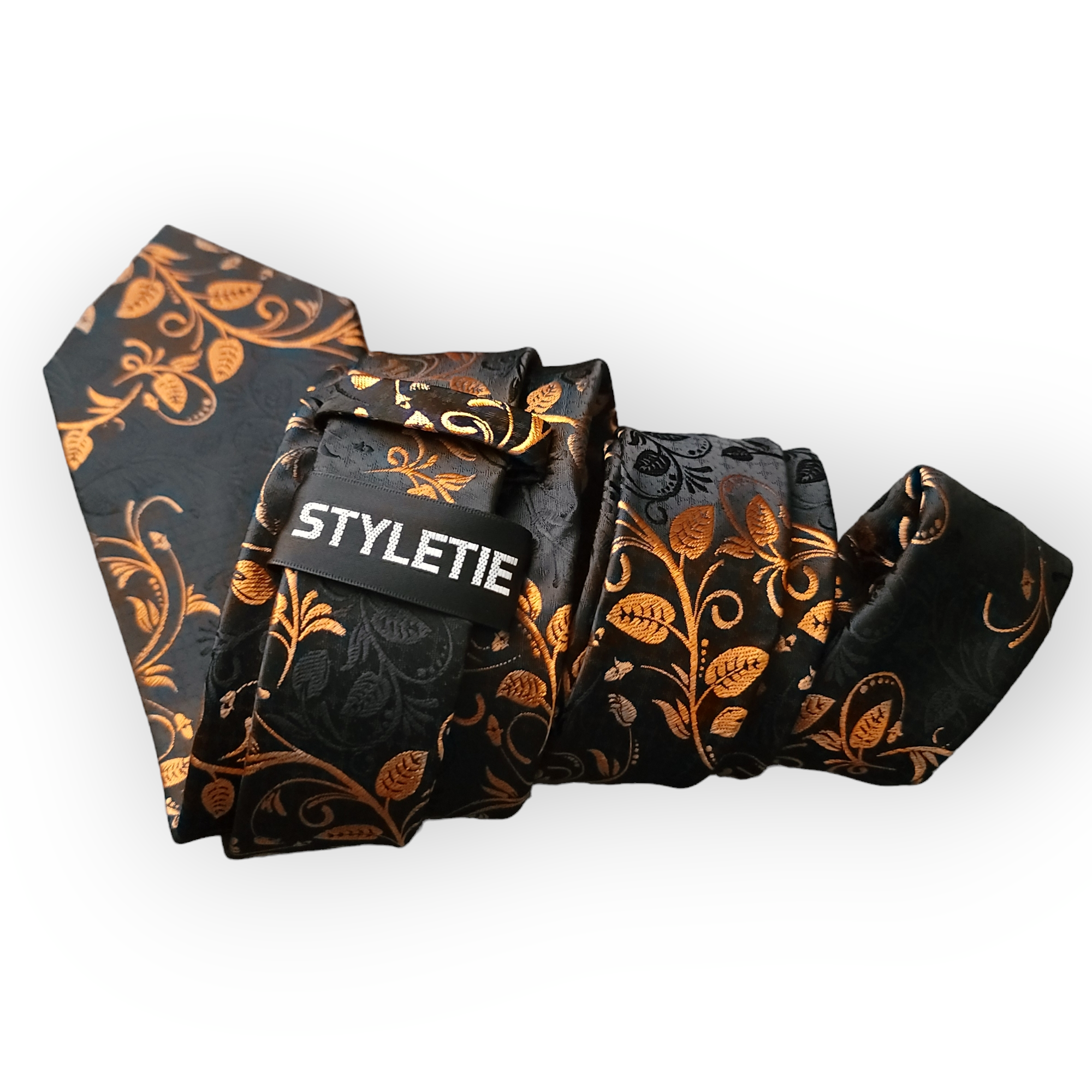Black Orange Floral Silk Tie Pocket Square Cufflink Set