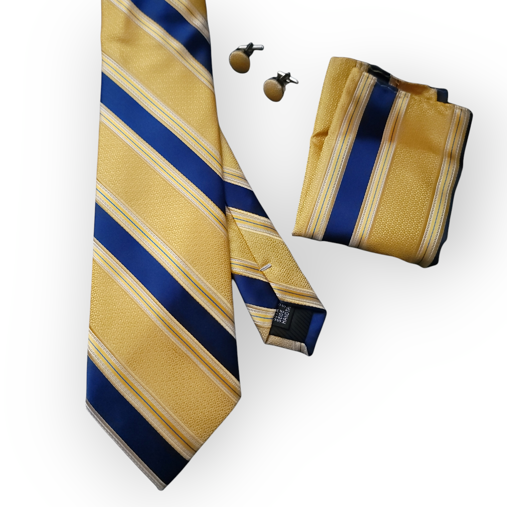 Blue Yellow Striped Silk Tie Pocket Square Cufflinks Set
