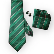 Emerald Green Striped Silk Tie Pocket Square Cufflink Set
