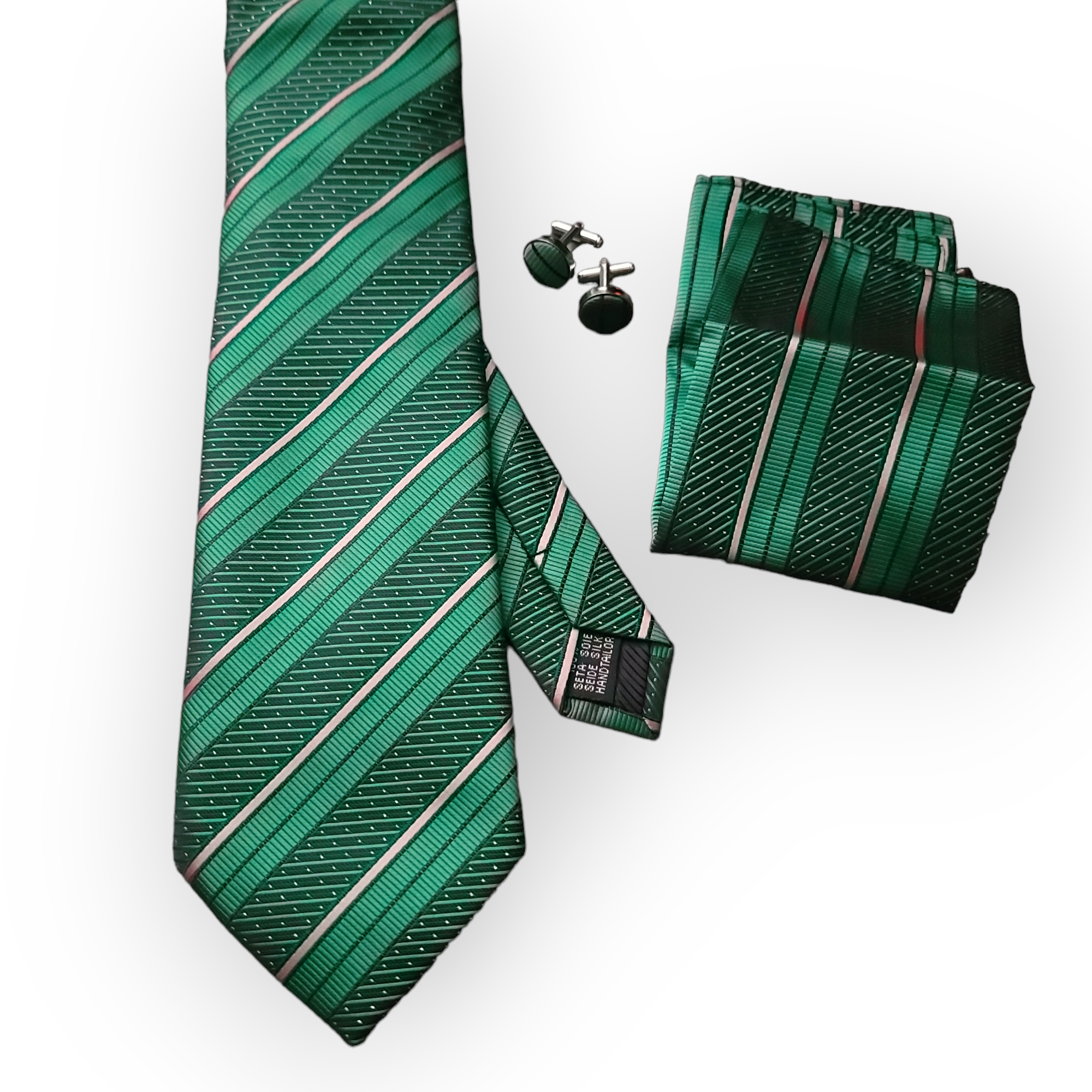 Emerald Green Striped Silk Tie Pocket Square Cufflink Set