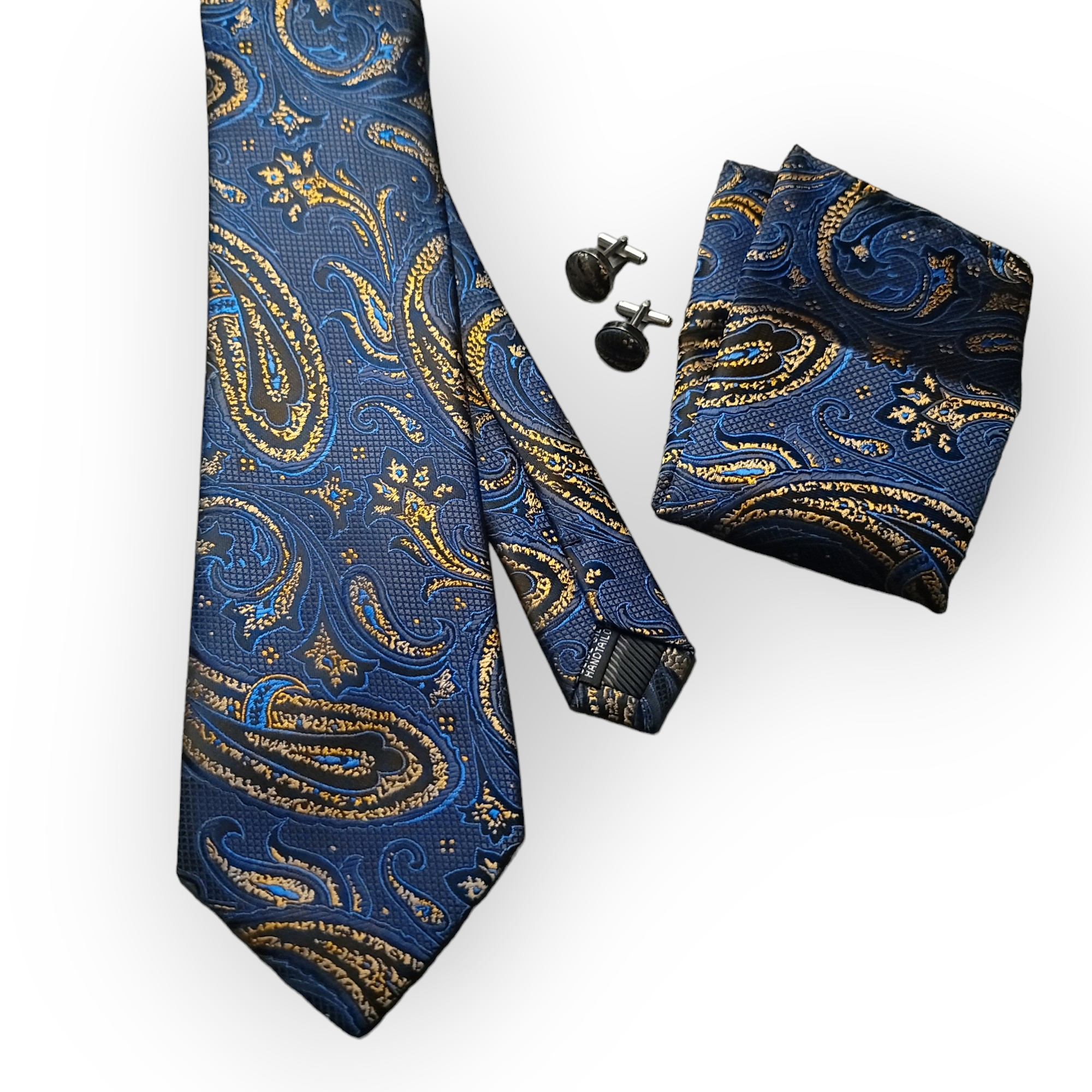 Navy Blue Gold Paisley Silk Tie Pocket Square Cufflinks Set