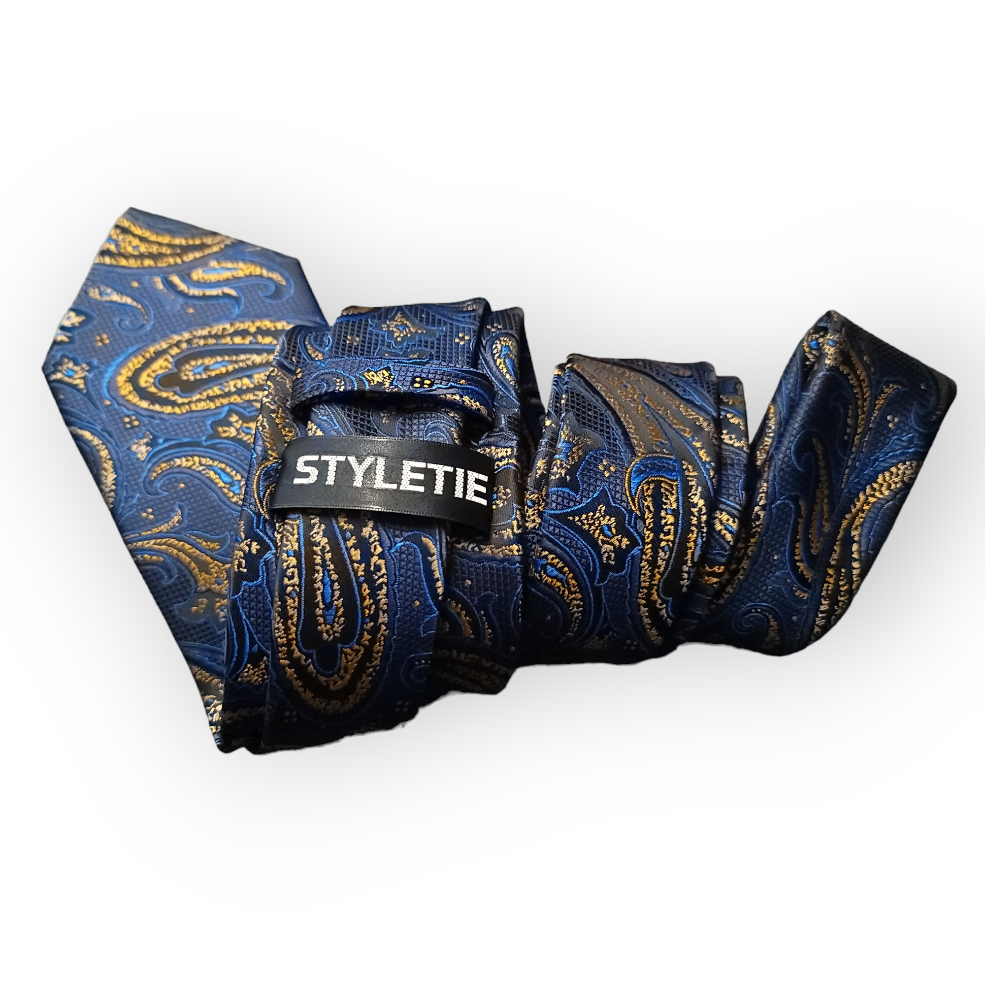 Navy Blue Gold Paisley Silk Tie Pocket Square Cufflinks Set