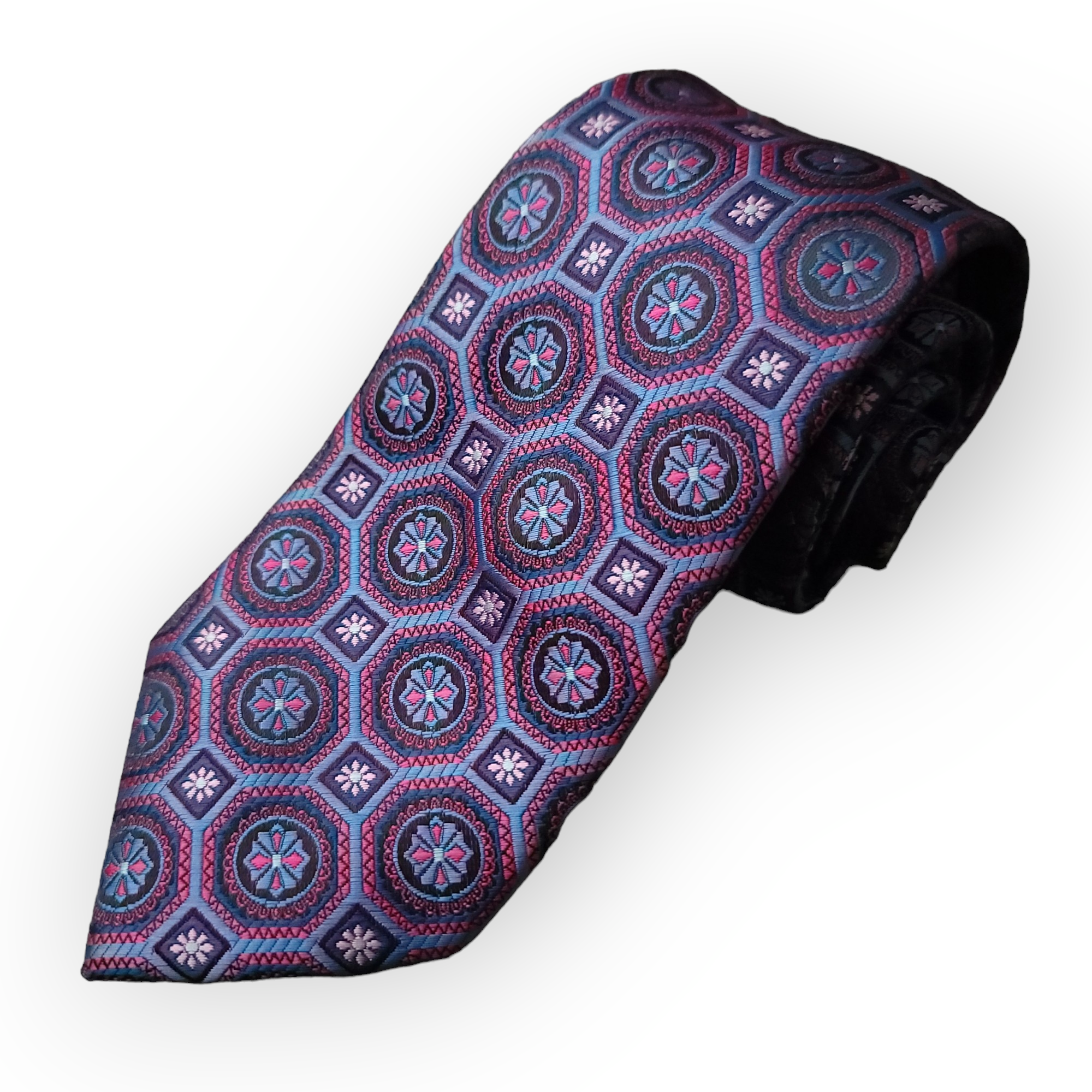 Purple Blue Geometric Silk Tie Pocket Square Cufflink Set